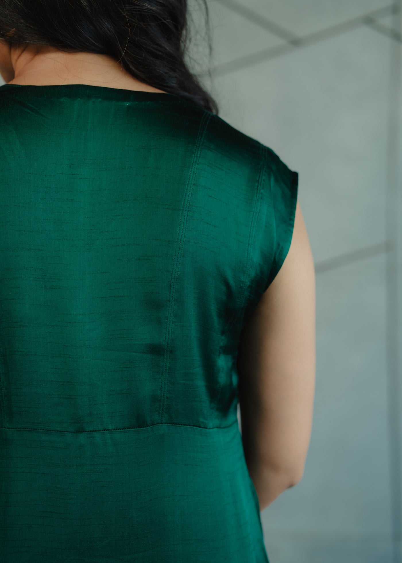 Dark Green Dupion Silk Dress - V-Neck Cap Sleeve Dress | Alka Hari Alka Hari Pvt Ltd Dark Green Dupion Silk Dress - V-Neck Cap Sleeve Dress | Alka Hari Alka Hari Pvt Ltd