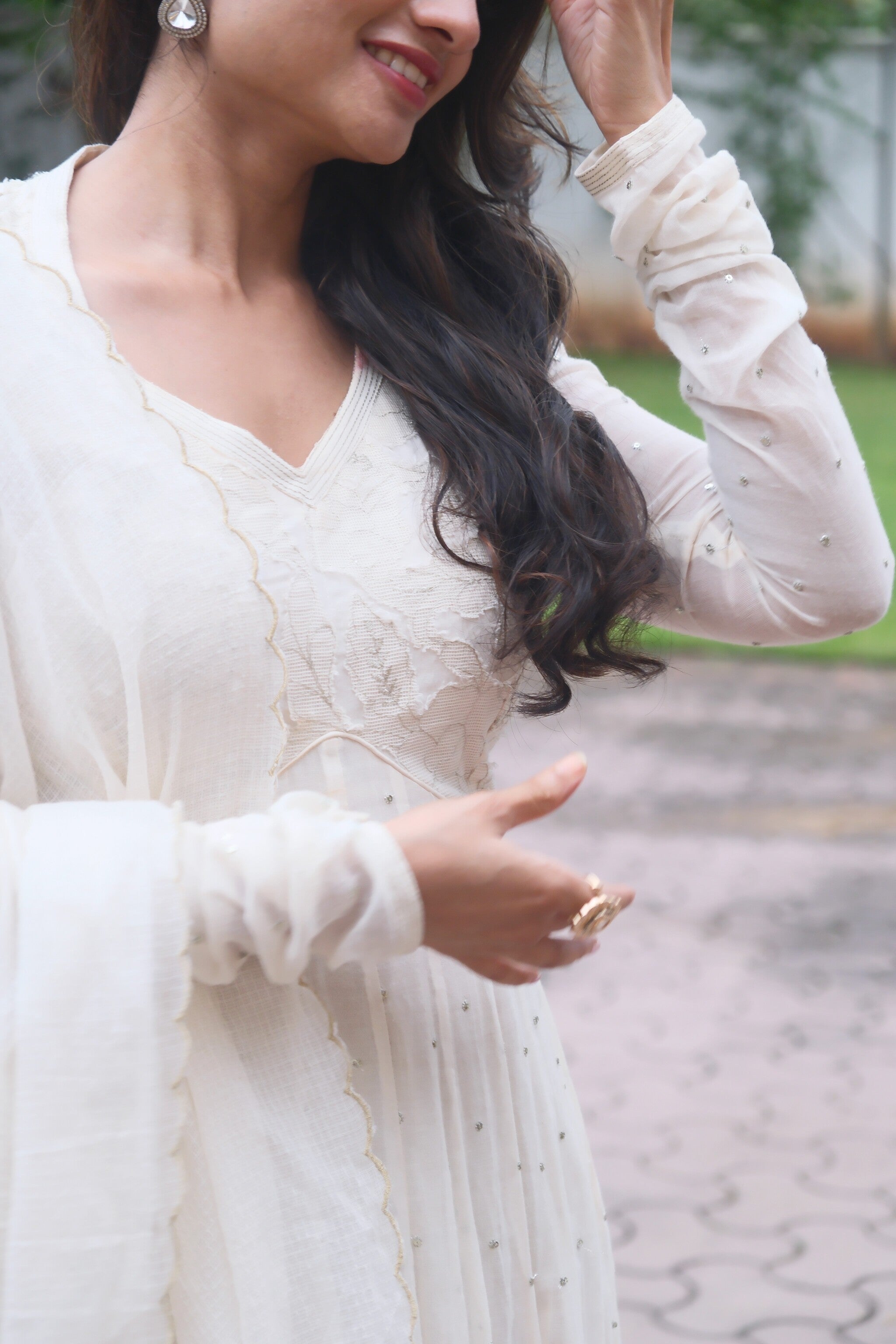 Off White Yoke Anarkali with Patchwork