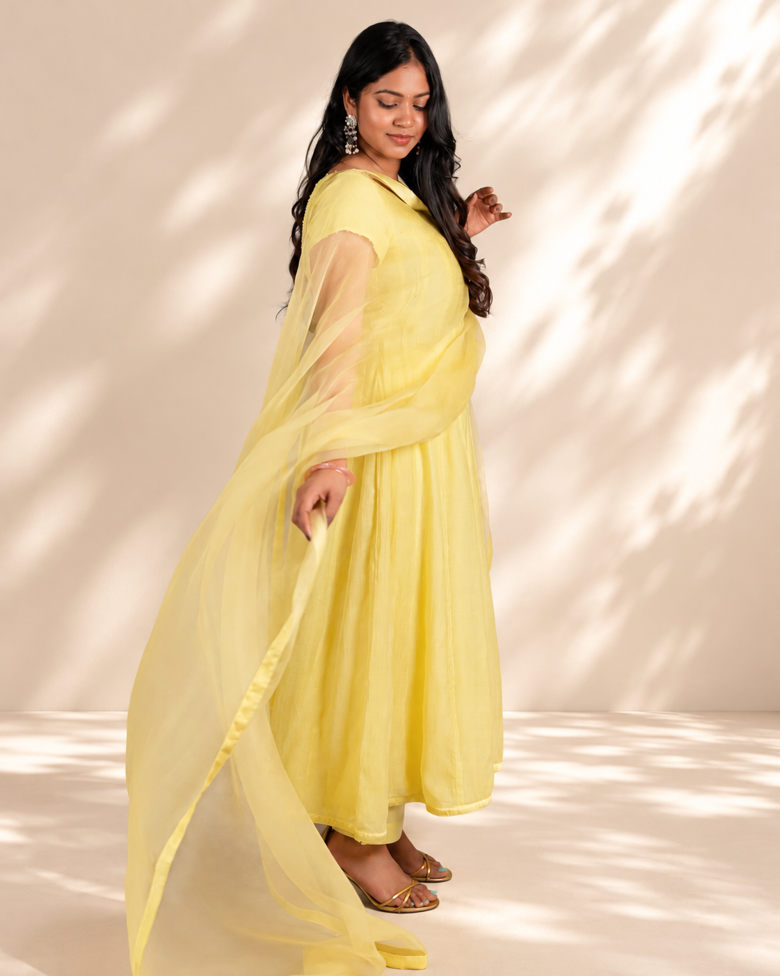 Butter Yellow Floral Embroidered Anarkali