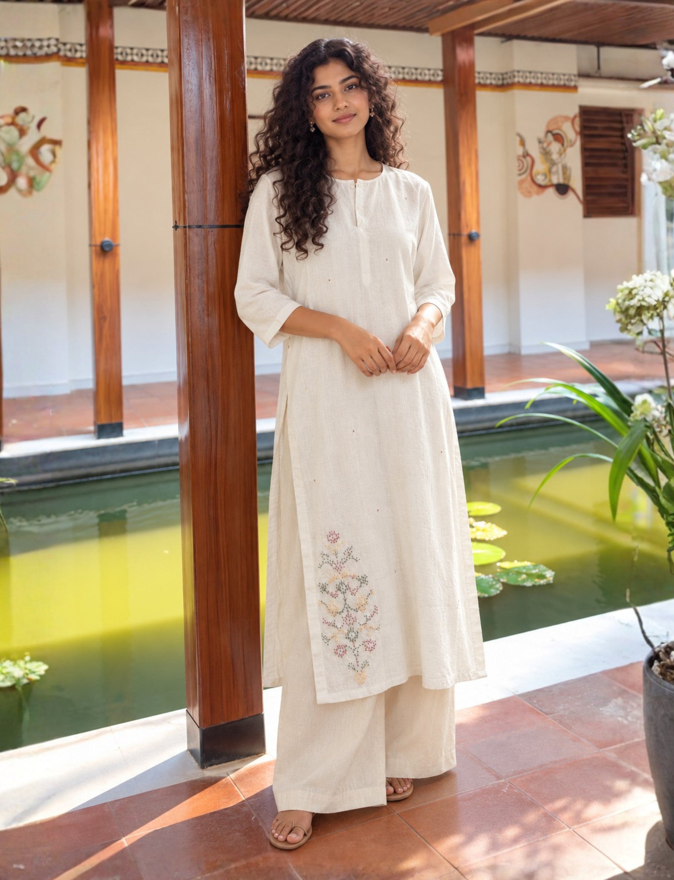 Off White Linen Embroidered Kurta