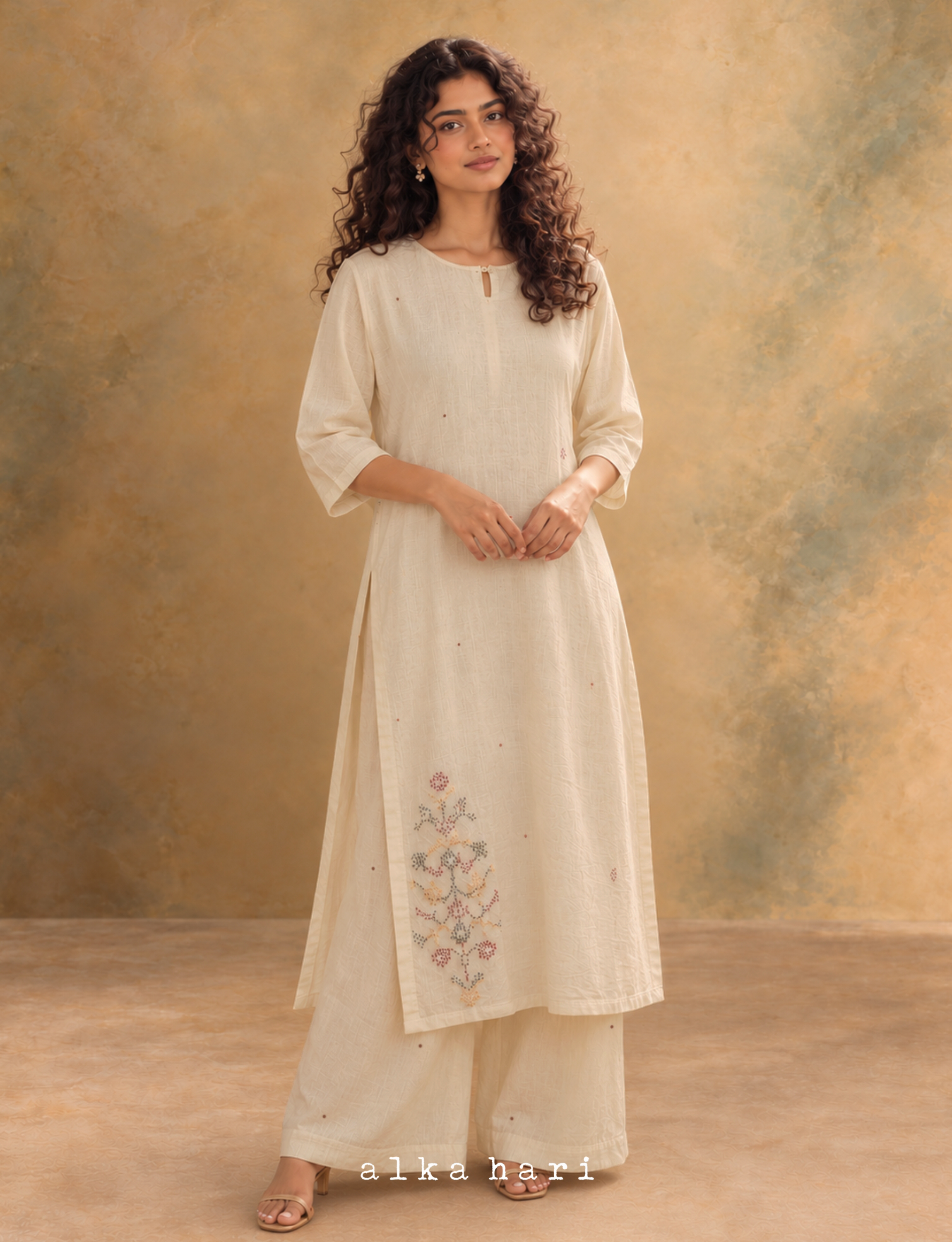 Off White Khadi Embroidered Kurta