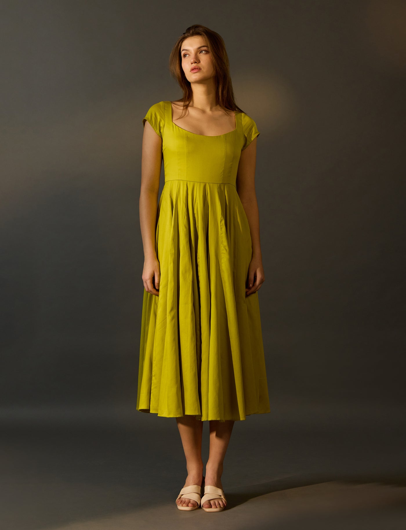 Lime Green Cotton Satin Dress - Cap Sleeve Dress for Women | Alka Hari Alka Hari Pvt Ltd Lime Green Cotton Satin Dress - Cap Sleeve Dress for Women | Alka Hari Alka Hari Pvt Ltd