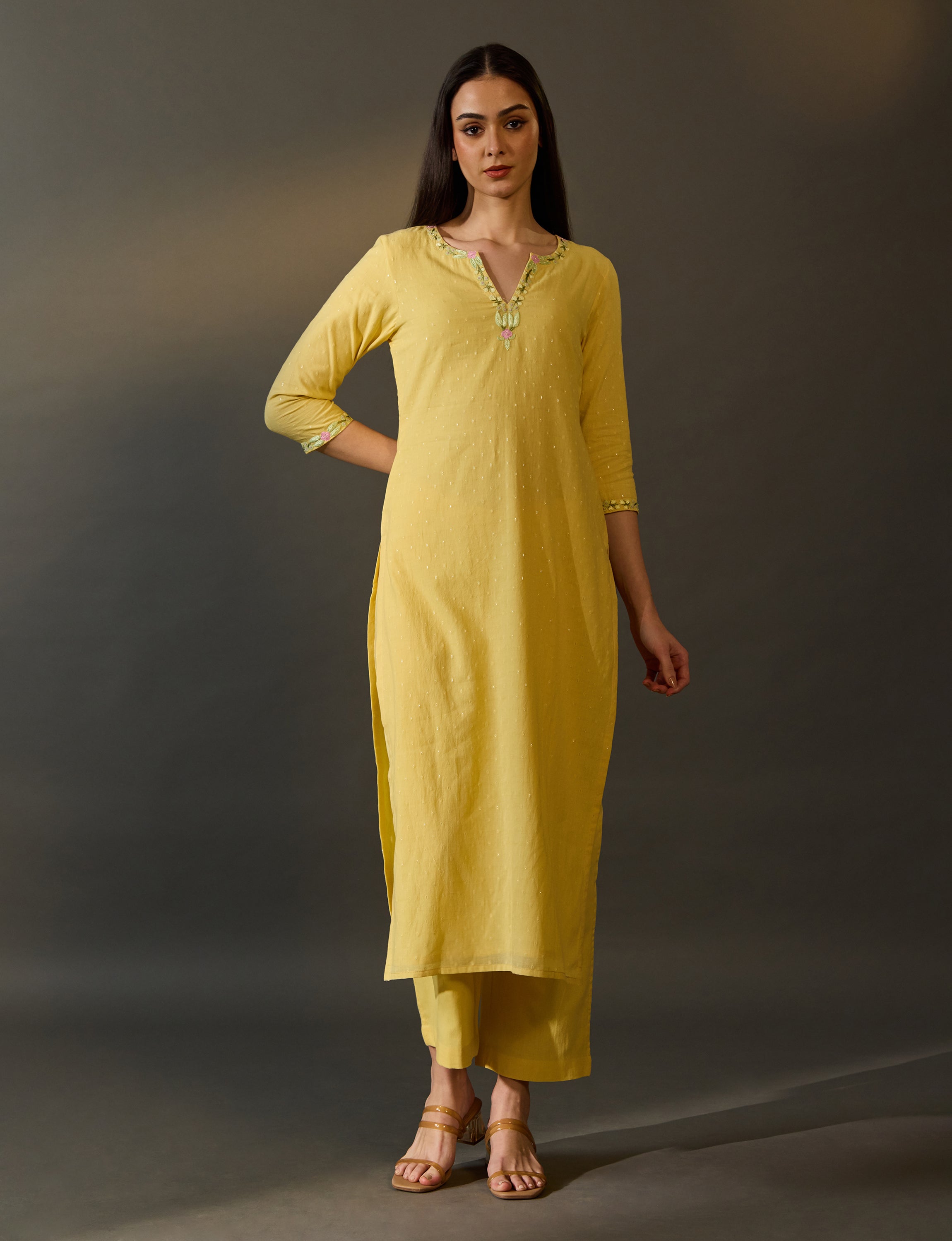 Pastel Yellow Cotton Embroidered Kurta