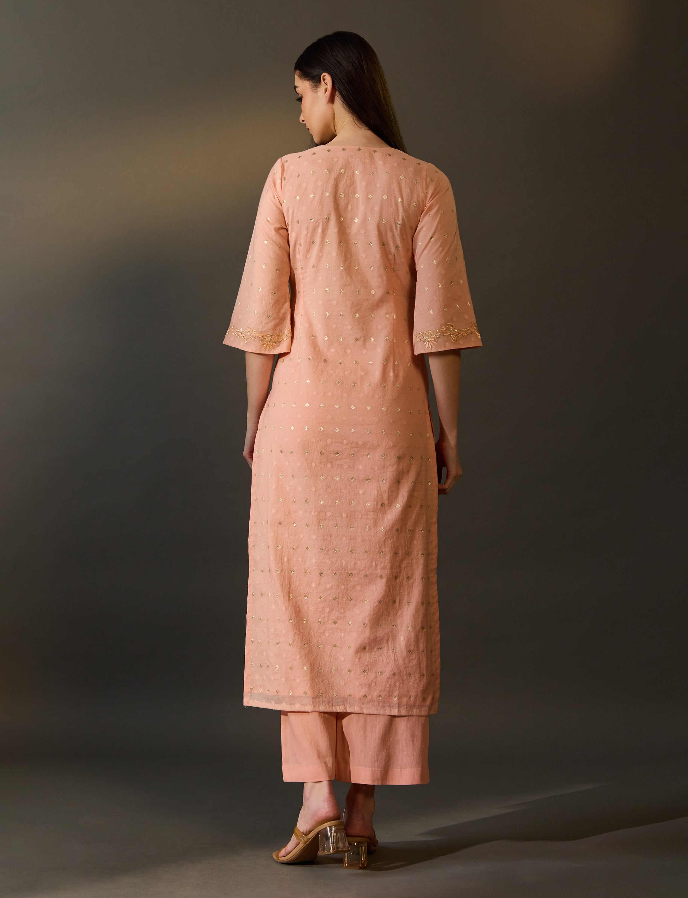 Peach Embroidered Butta Kurta