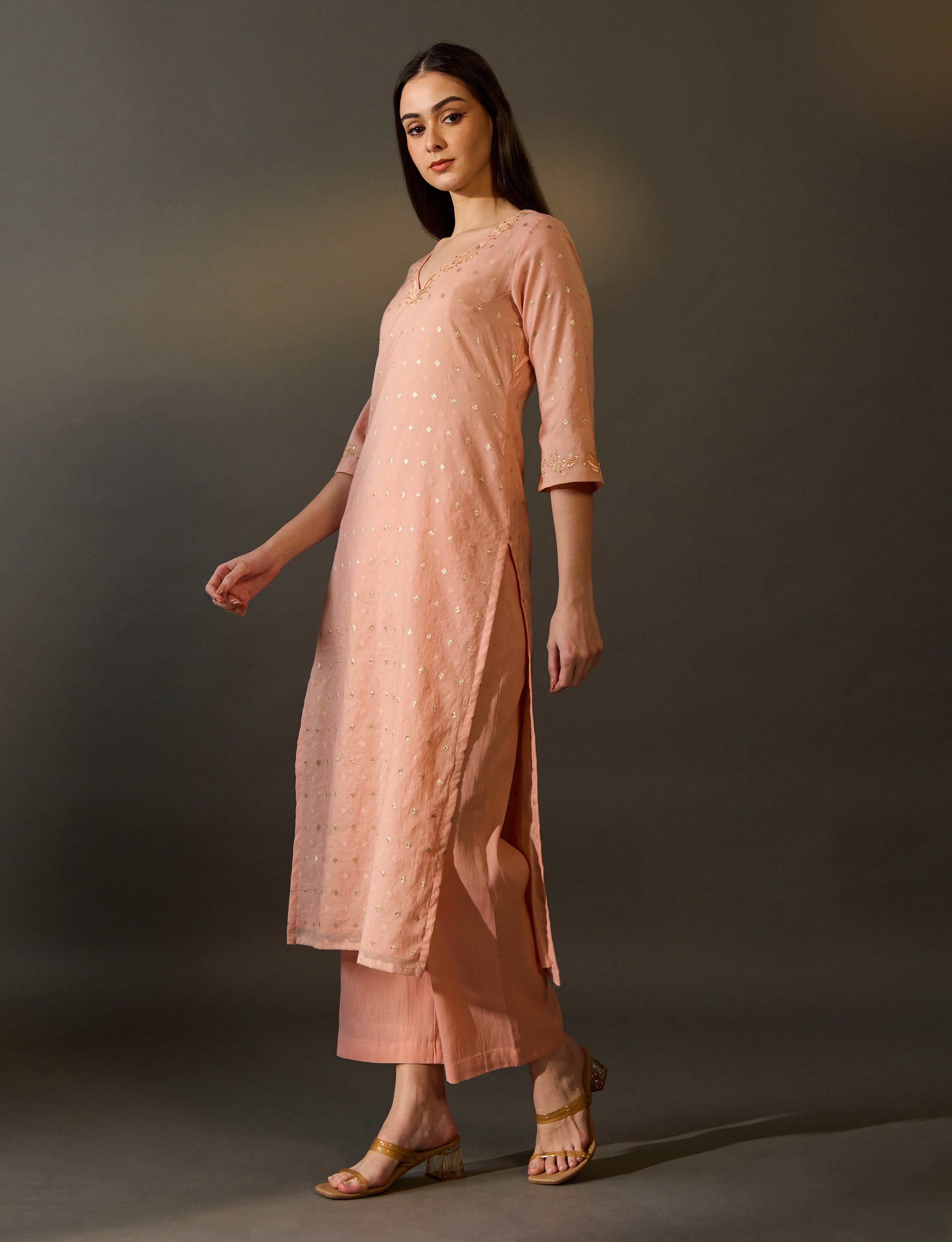Peach Embroidered Butta Kurta