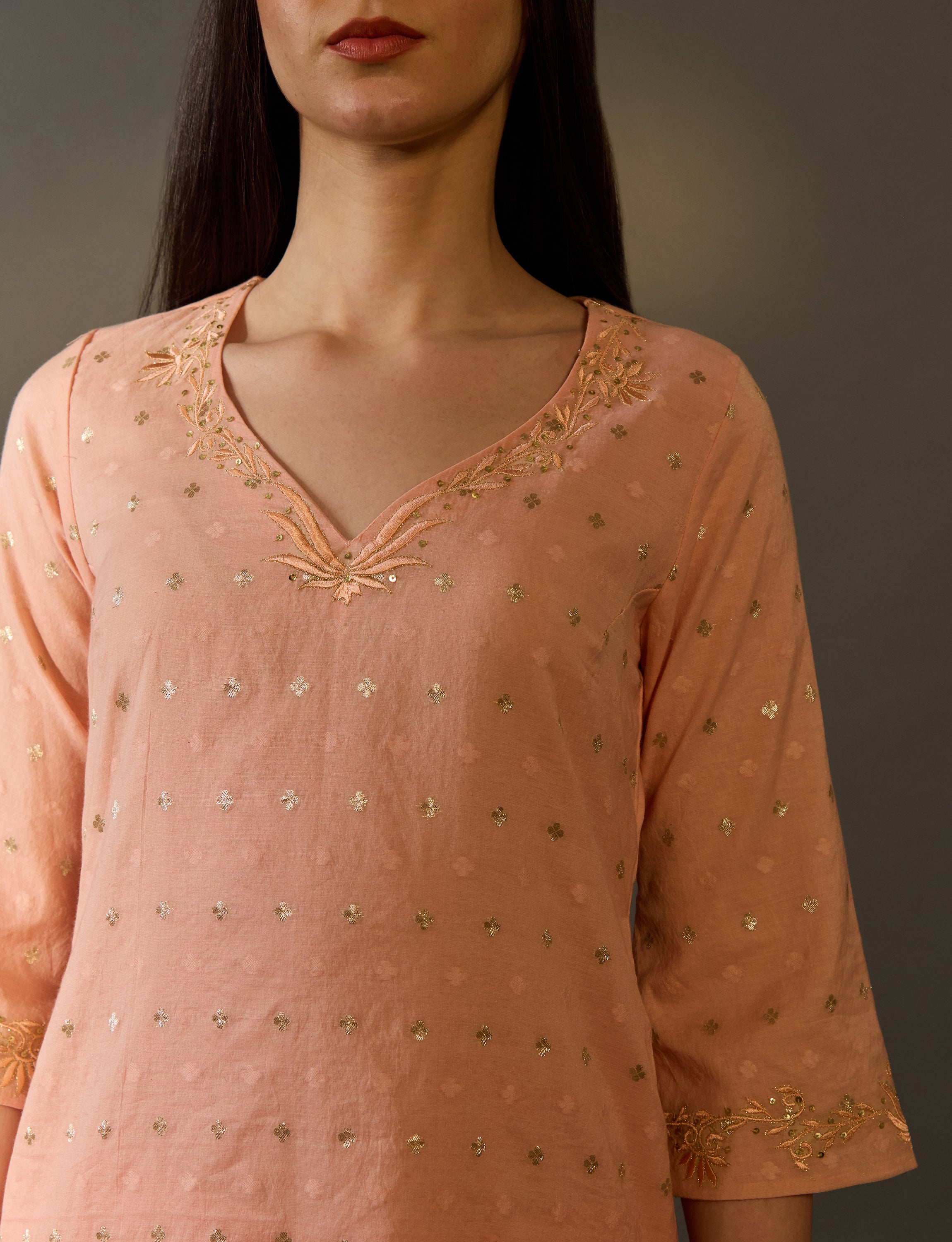 Peach Embroidered Butta Kurta