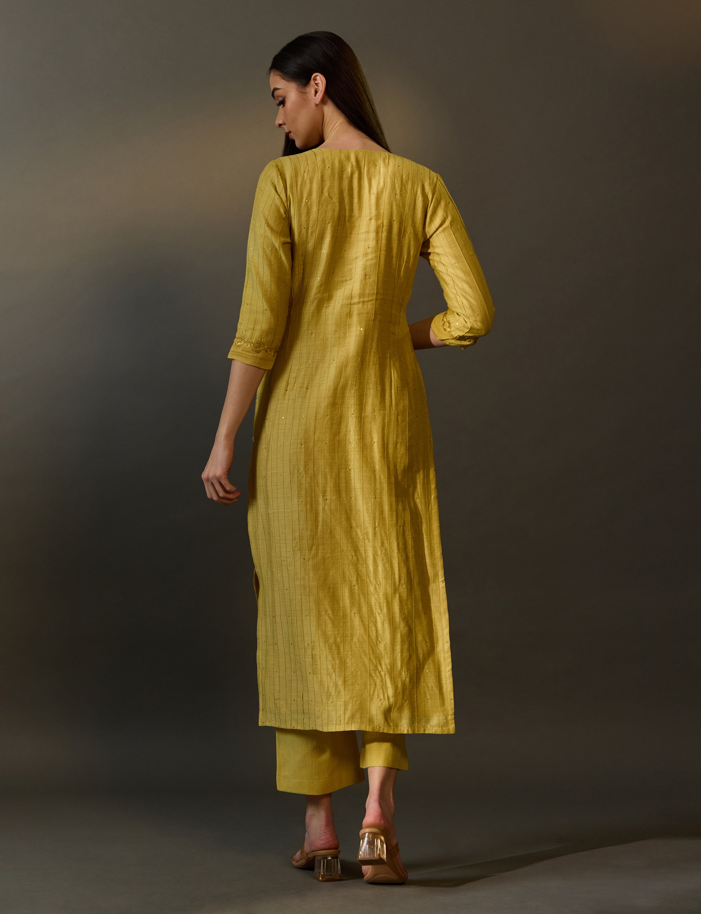 Yellow / Dusty Pink Chanderi Silk Embroidered Kurta