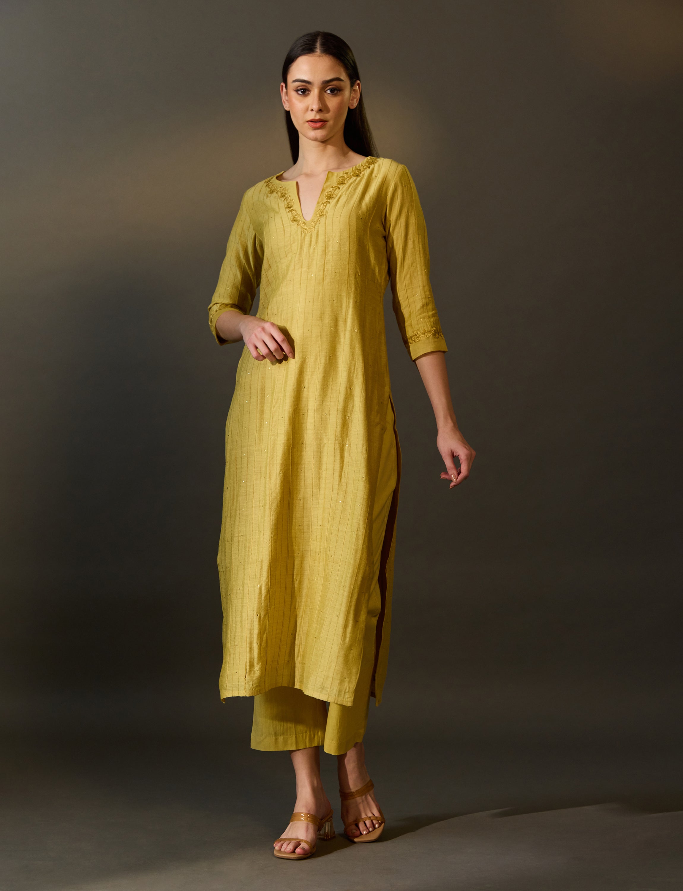 Yellow / Dusty Pink Chanderi Silk Embroidered Kurta