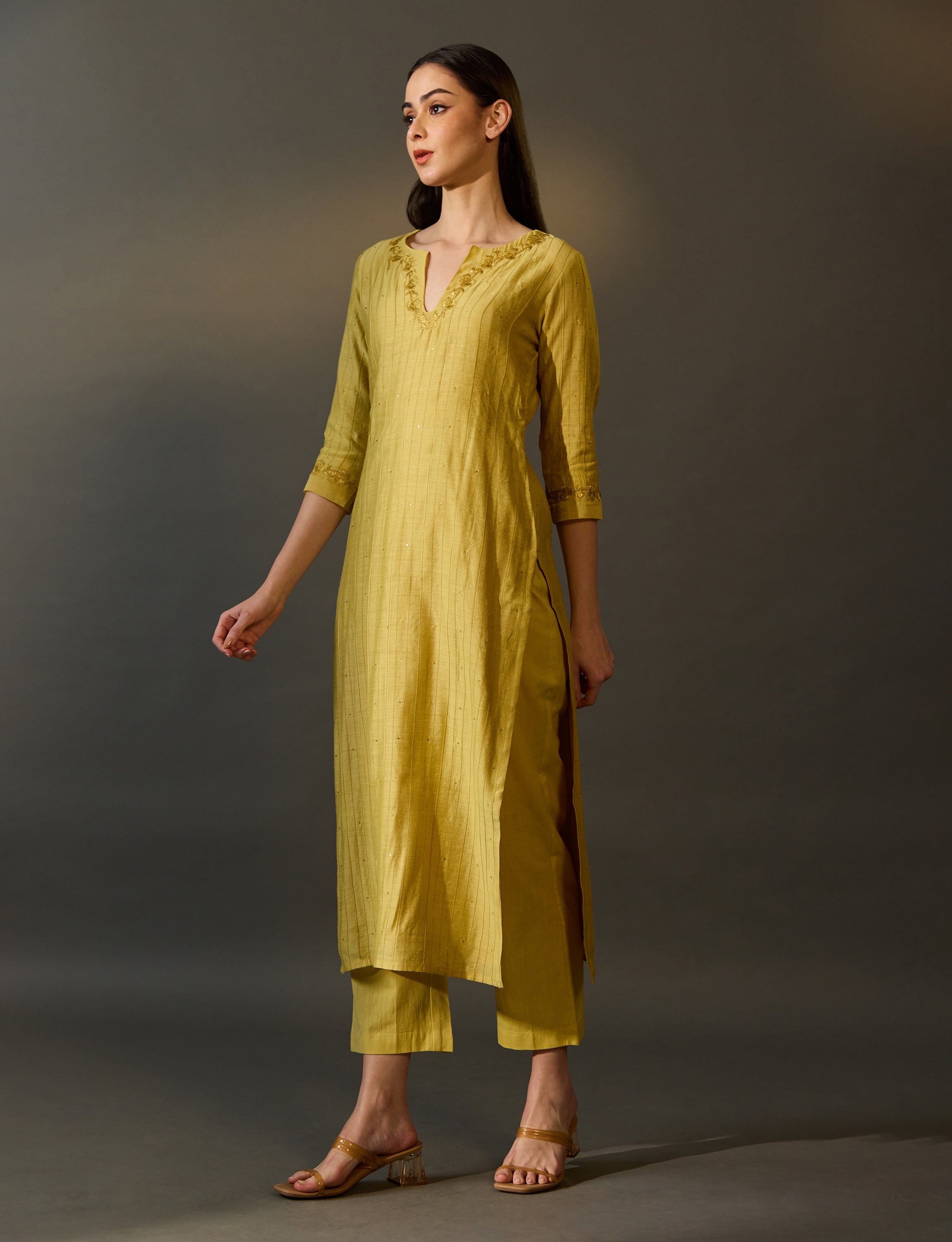 Yellow / Dusty Pink Chanderi Silk Embroidered Kurta