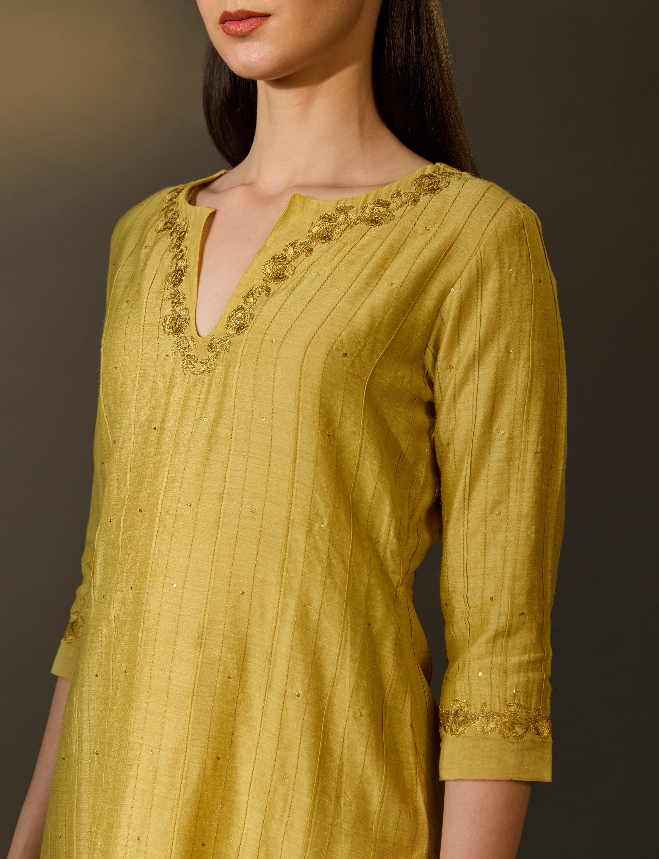 Yellow / Dusty Pink Chanderi Silk Embroidered Kurta