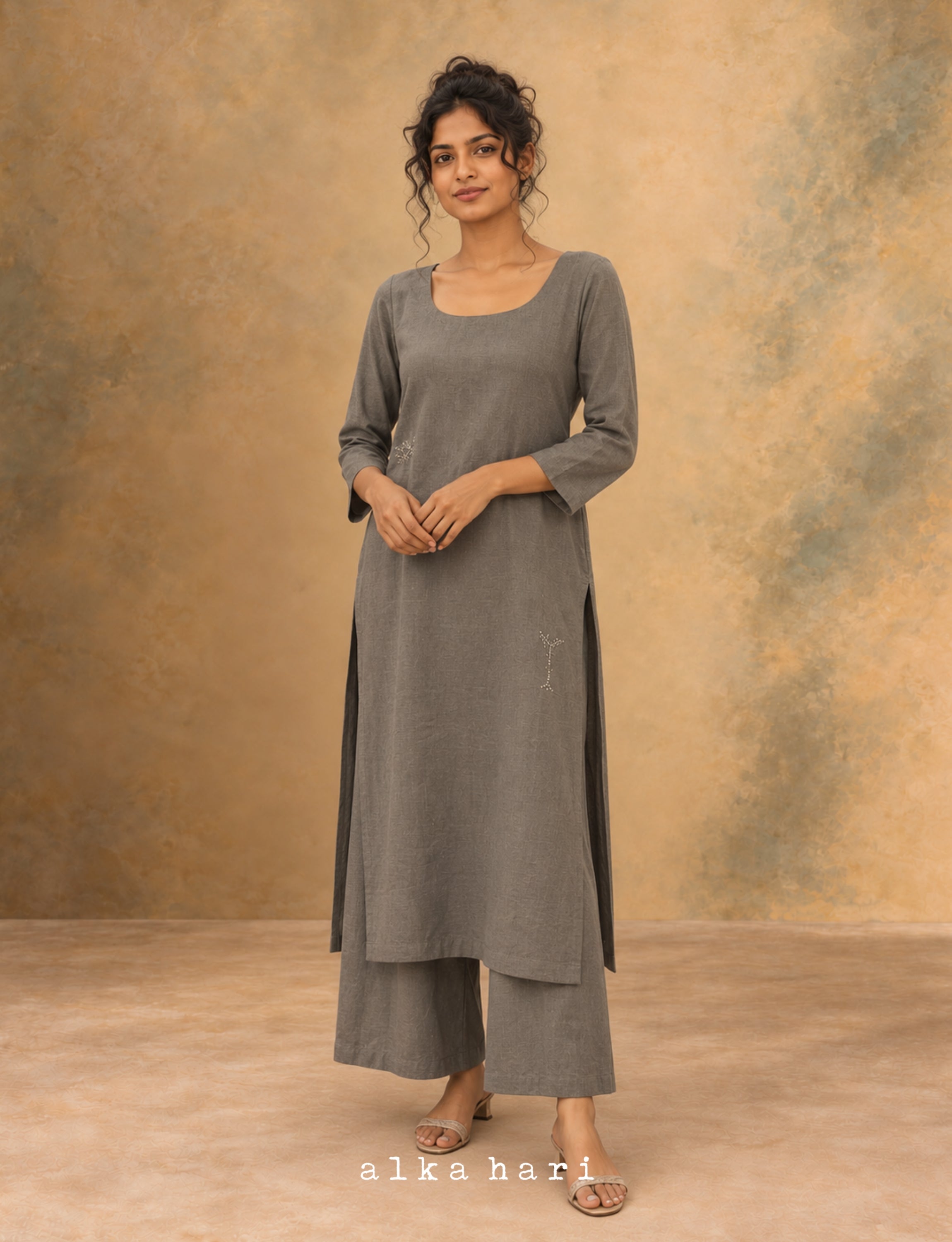 Grey Embroidered Linen Kurta