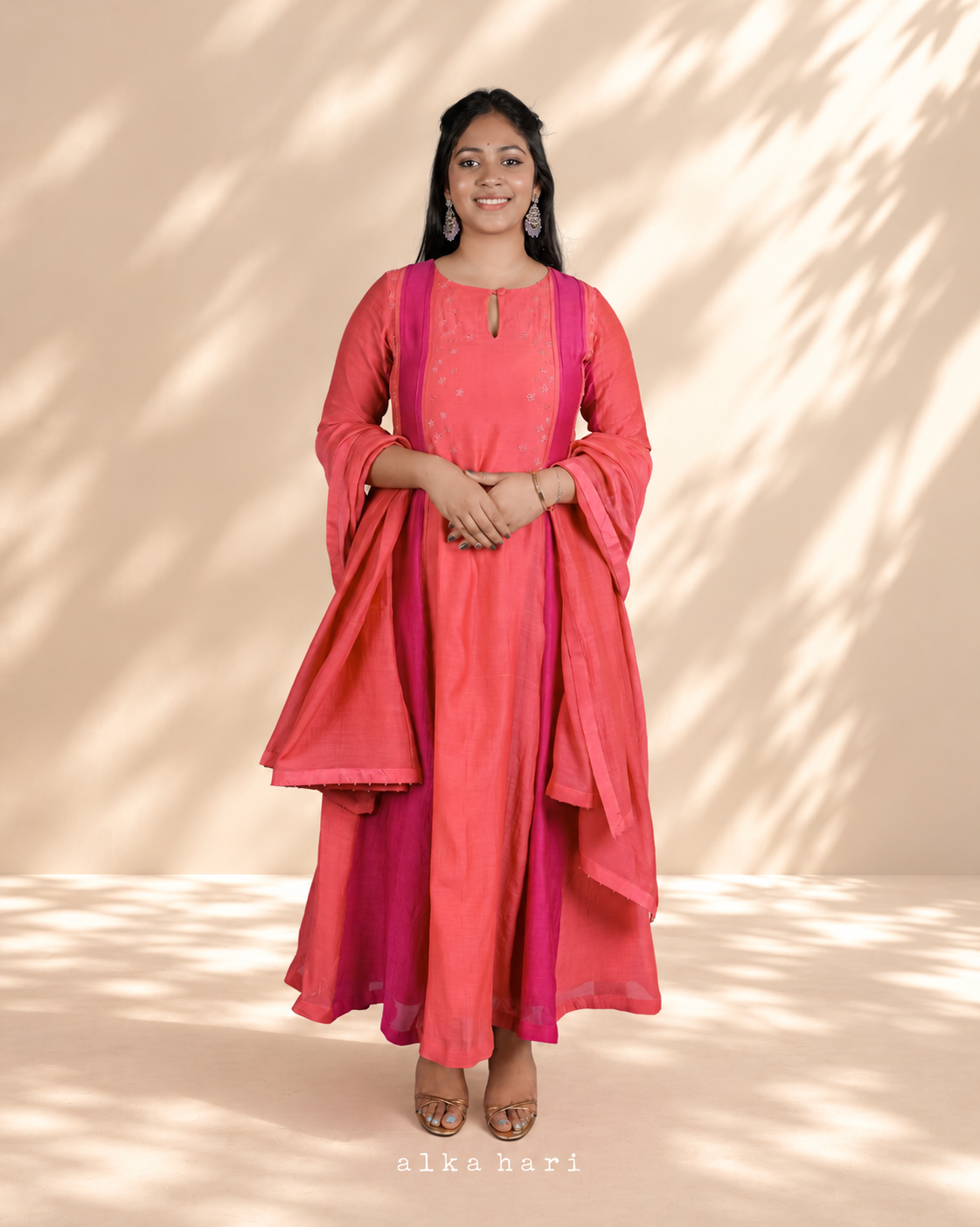 Hot Pink Orange Panelled Anarkali