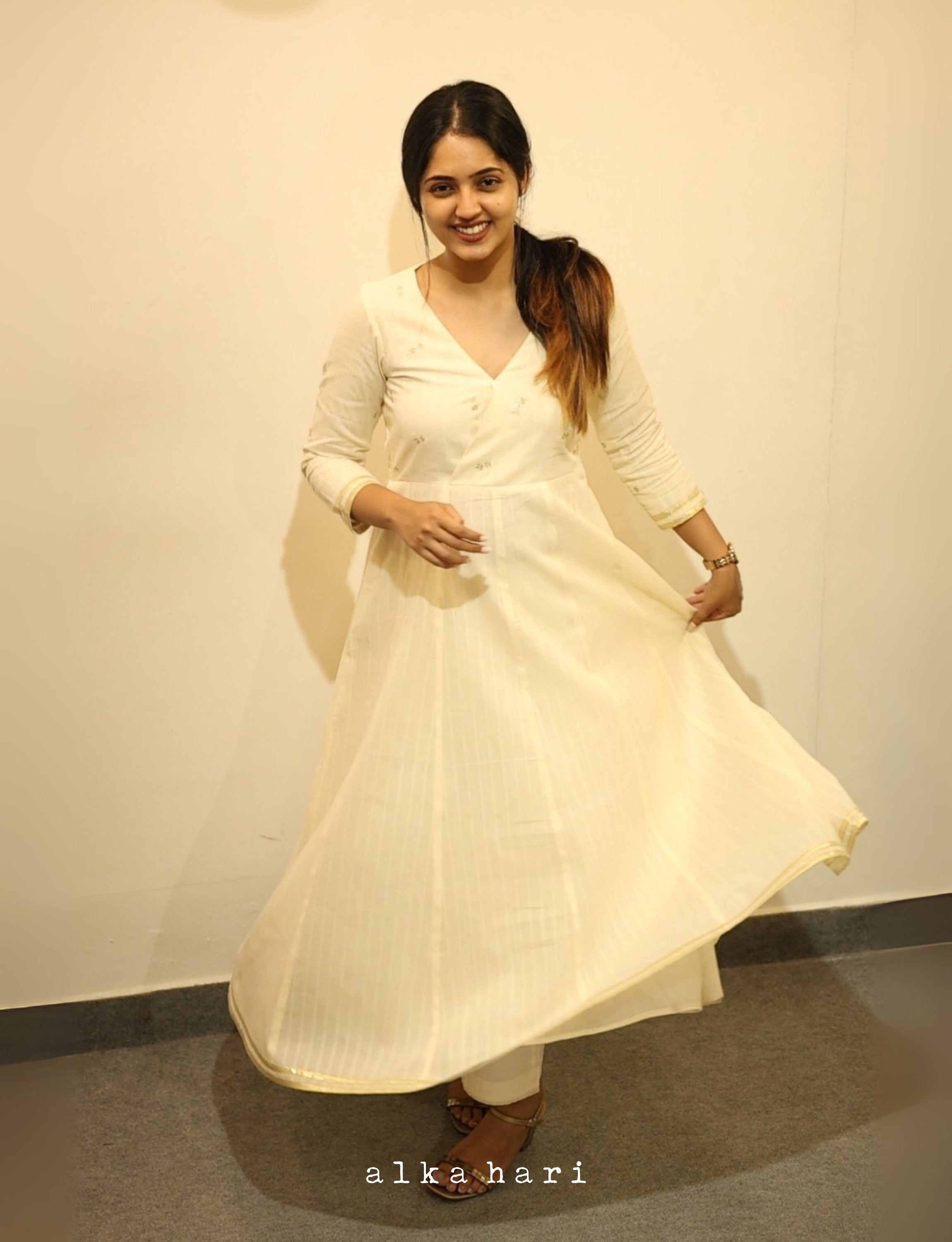 Off White Golden Floral Embroidered Anarkali