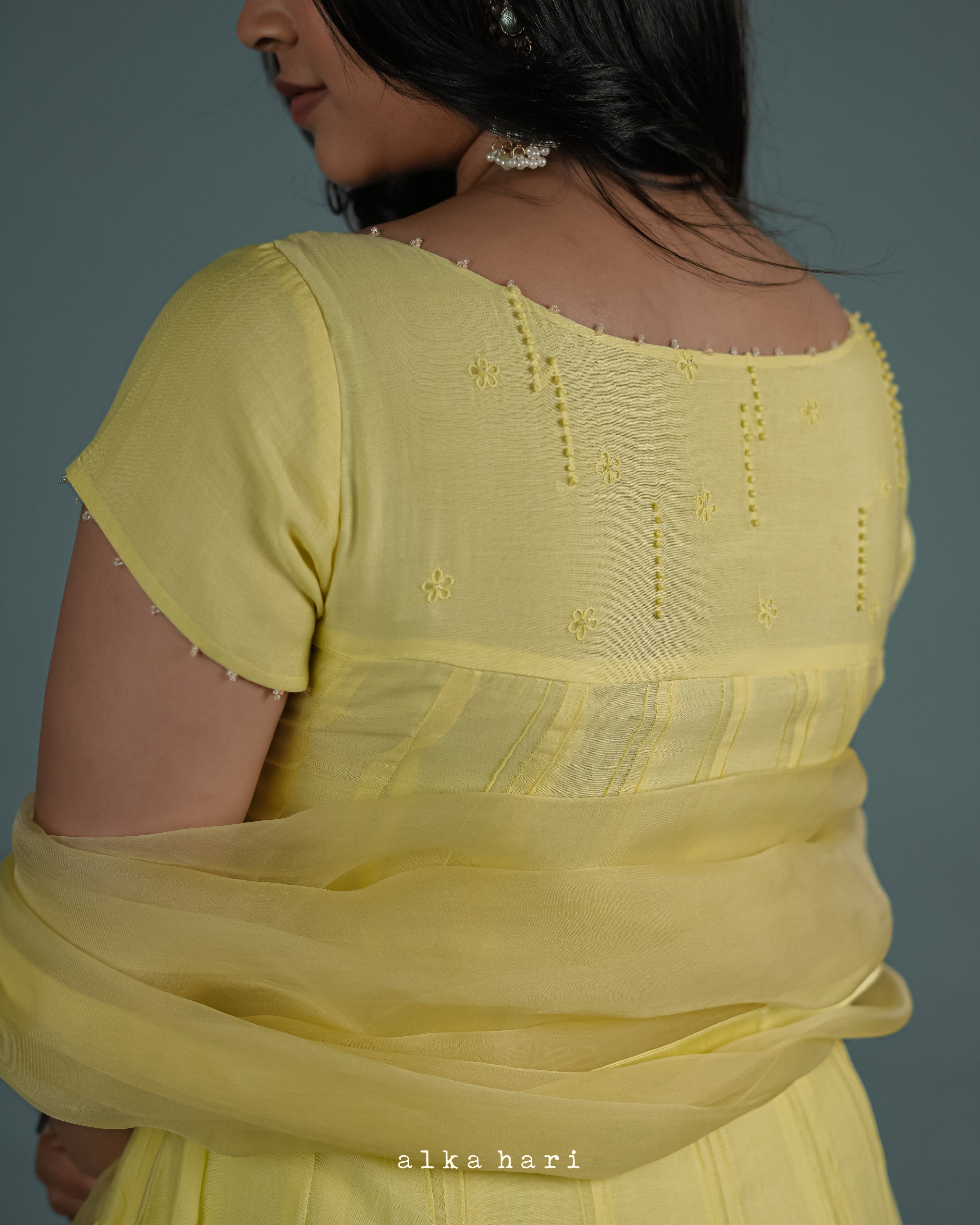 Butter Yellow Floral Embroidered Anarkali