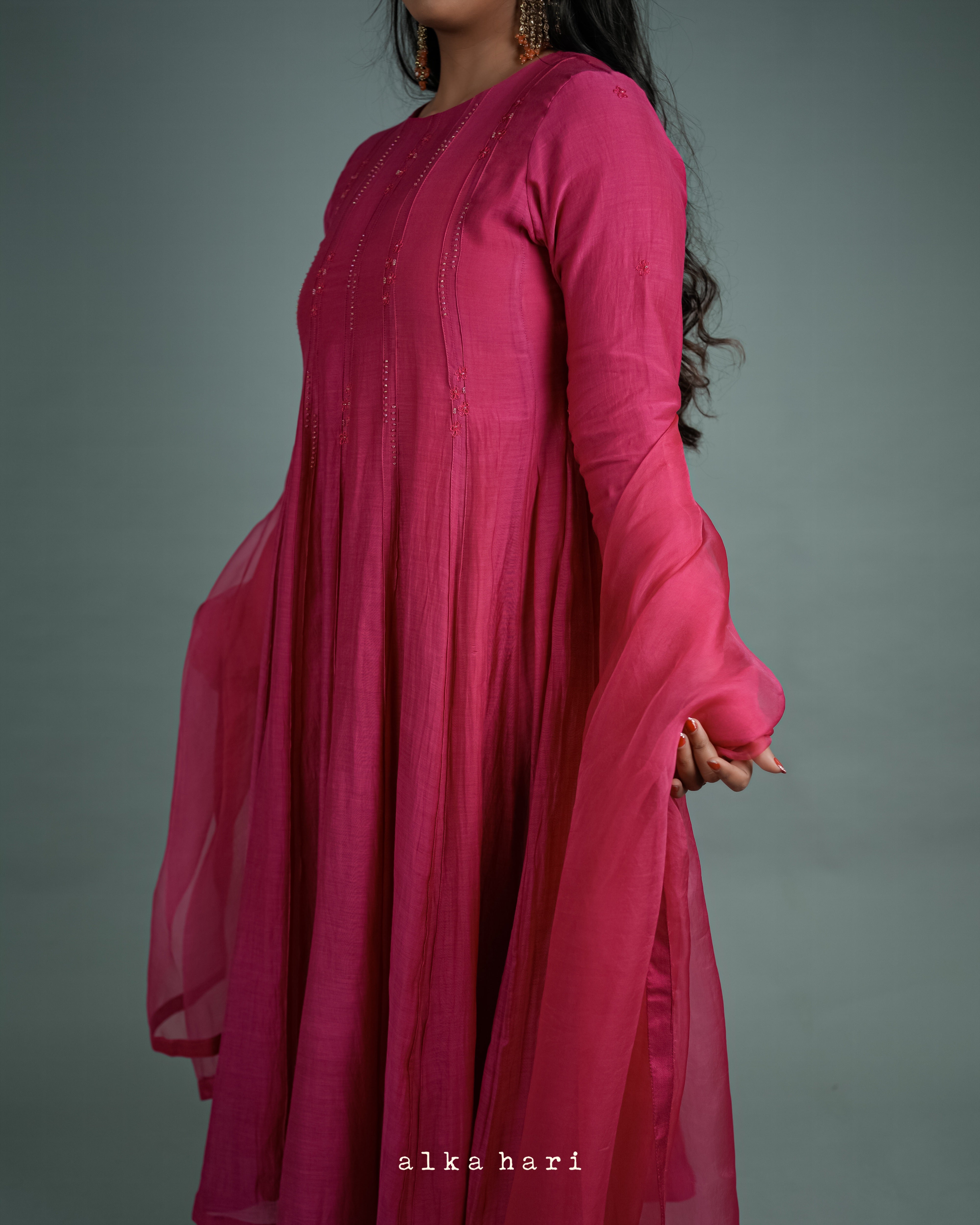 Hot Pink Pintucks Silk Anarkali