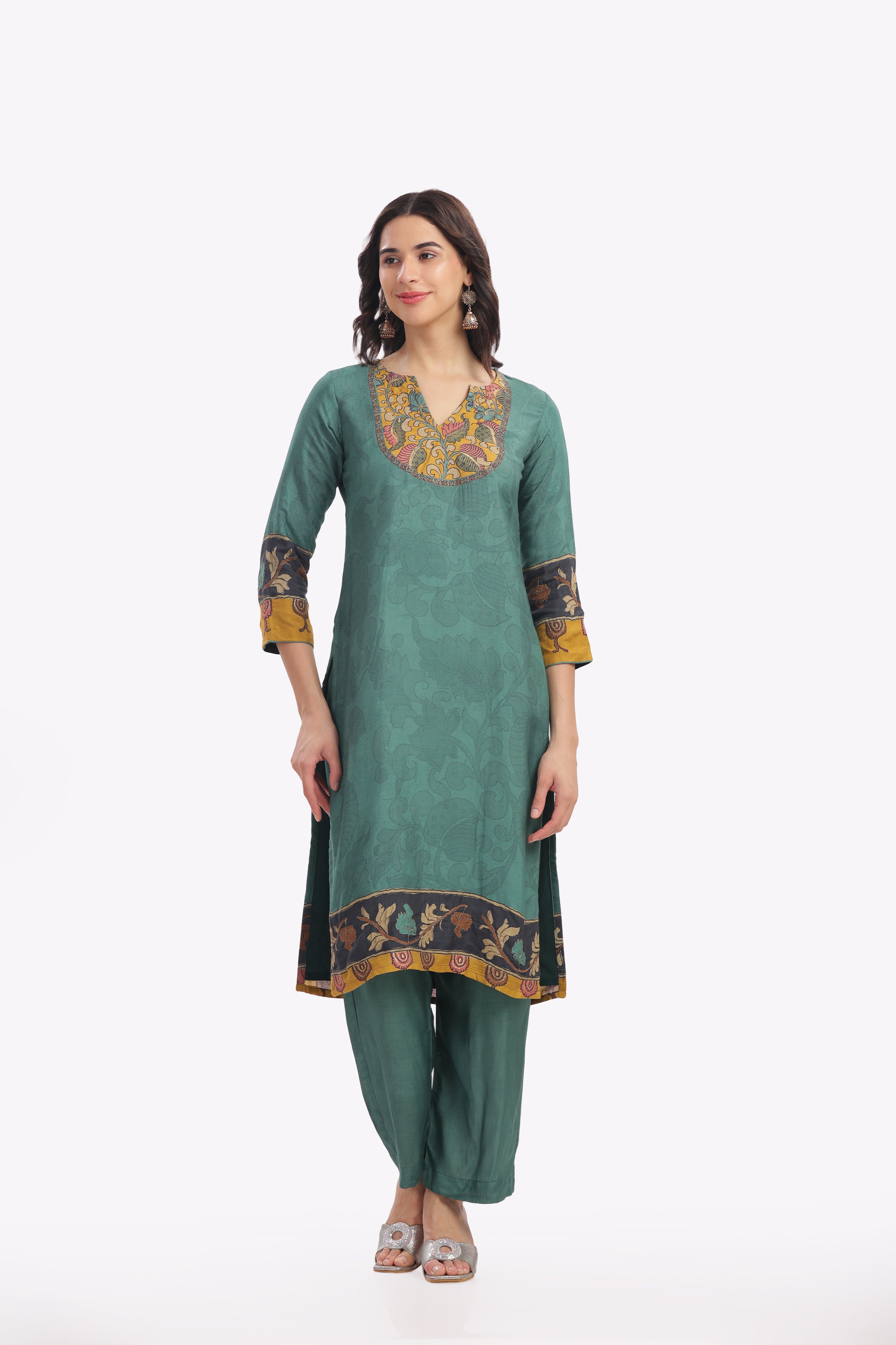 Teal Kalamkari Printed Kurta