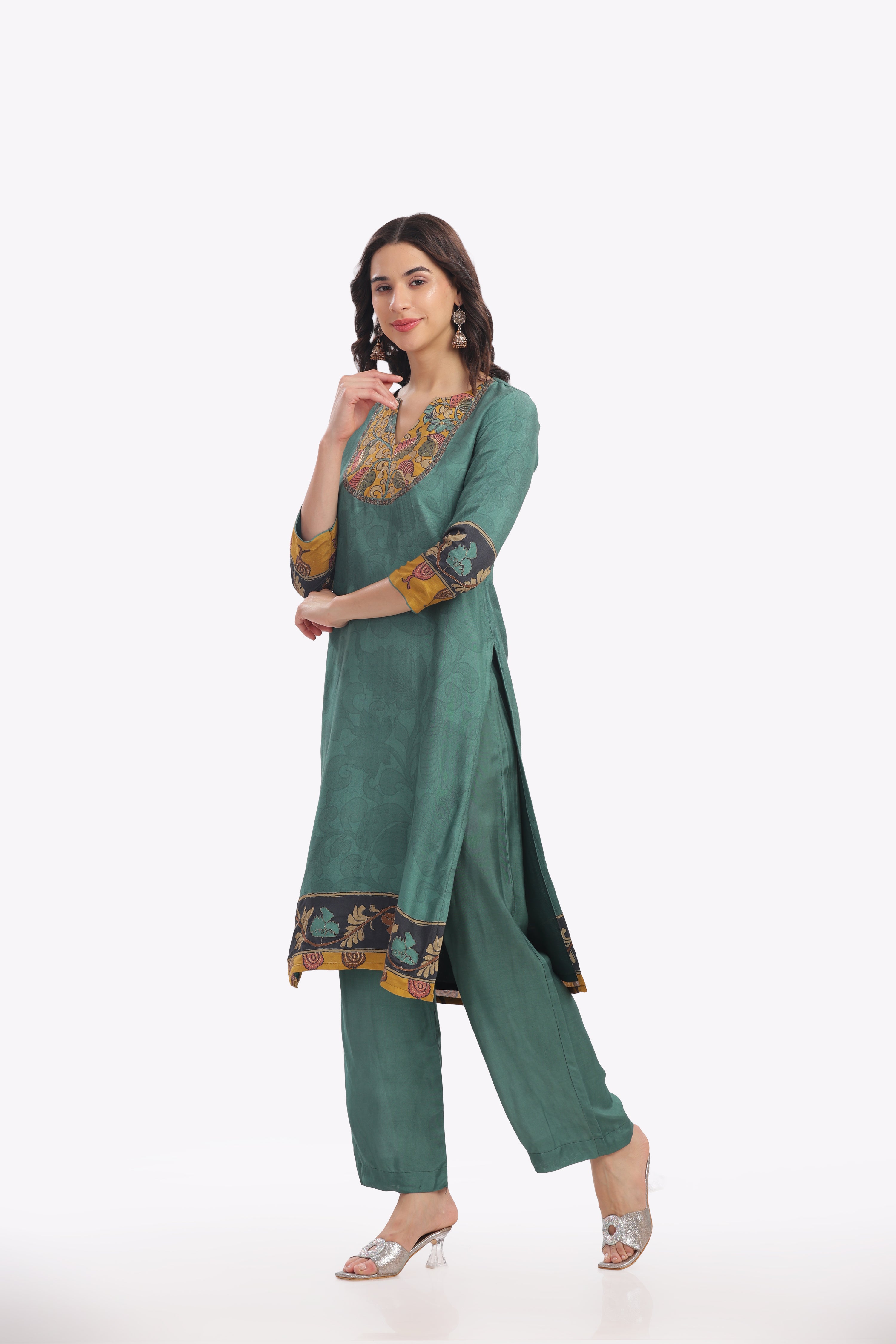 Teal Kalamkari Printed Kurta