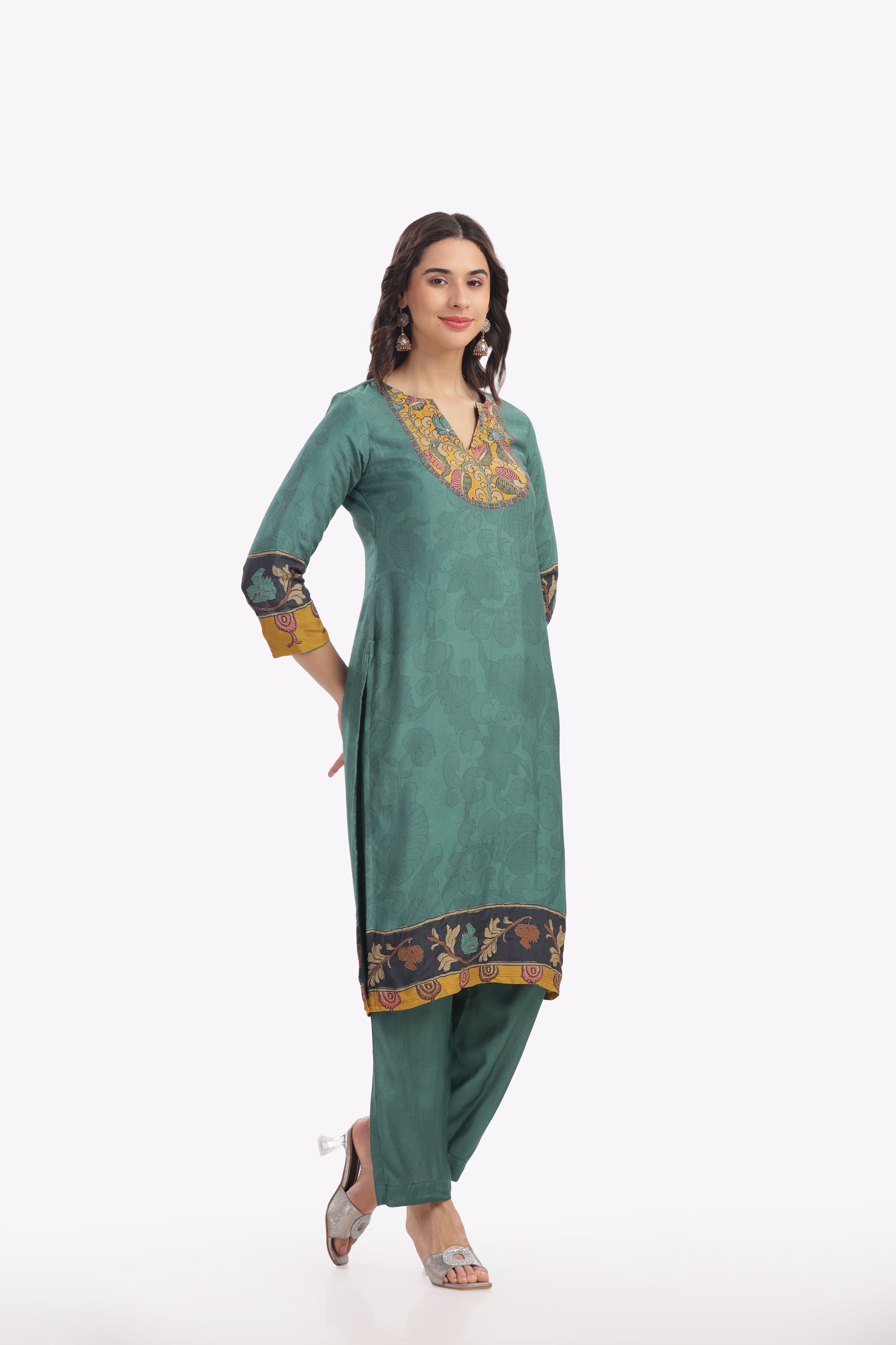 Teal Kalamkari Printed Kurta