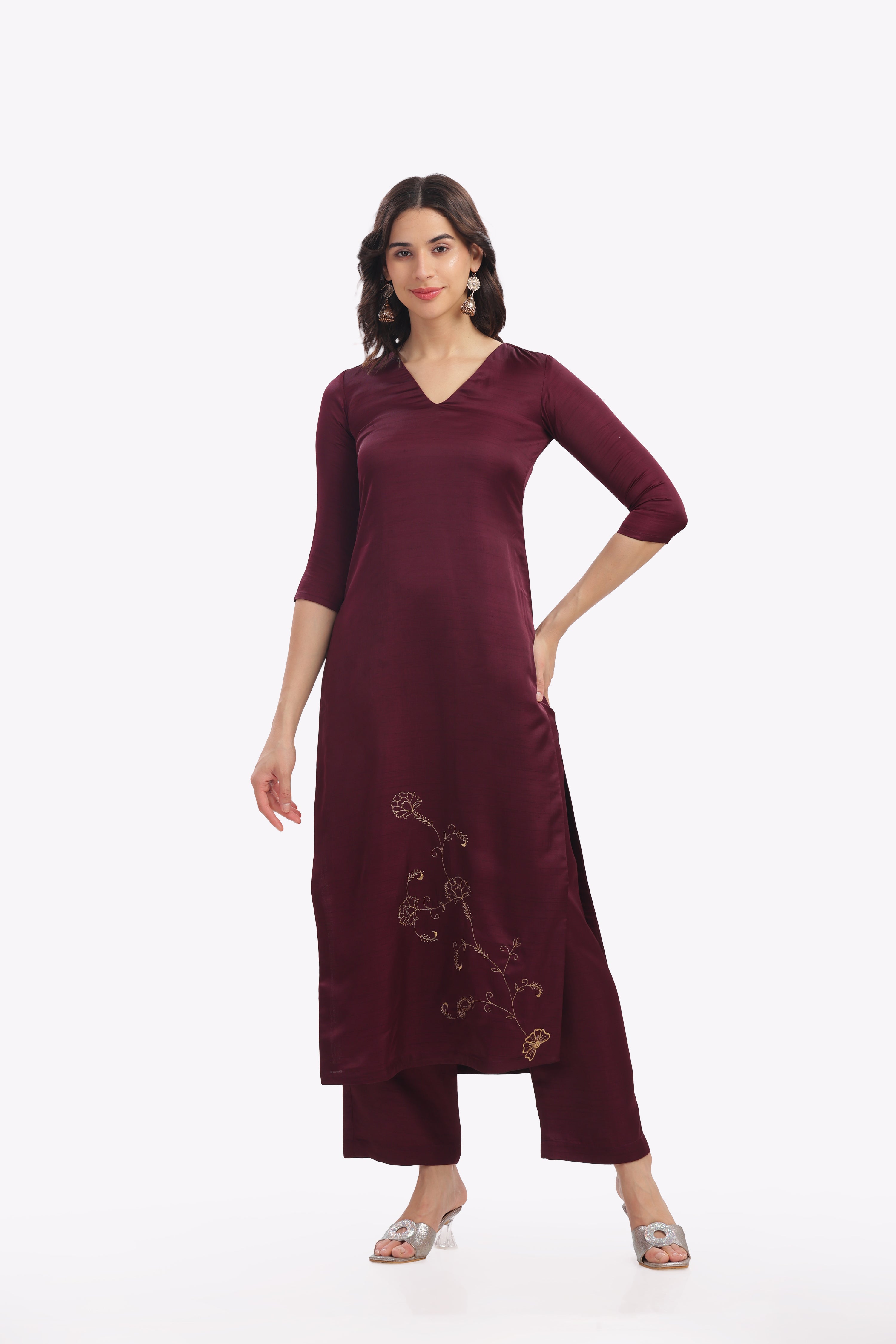 Wine Kurta with Floral Embroidery