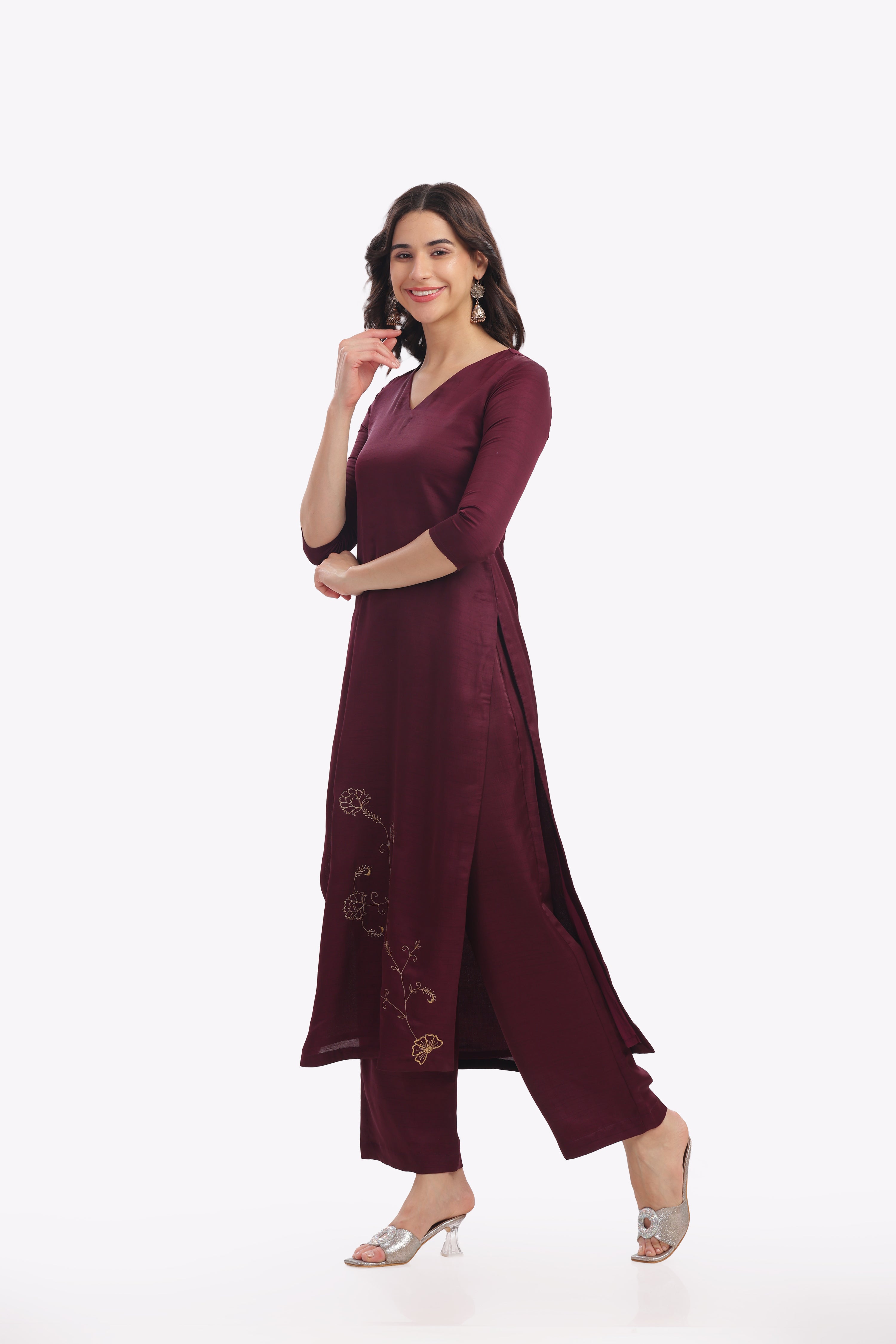 Wine Kurta with Floral Embroidery