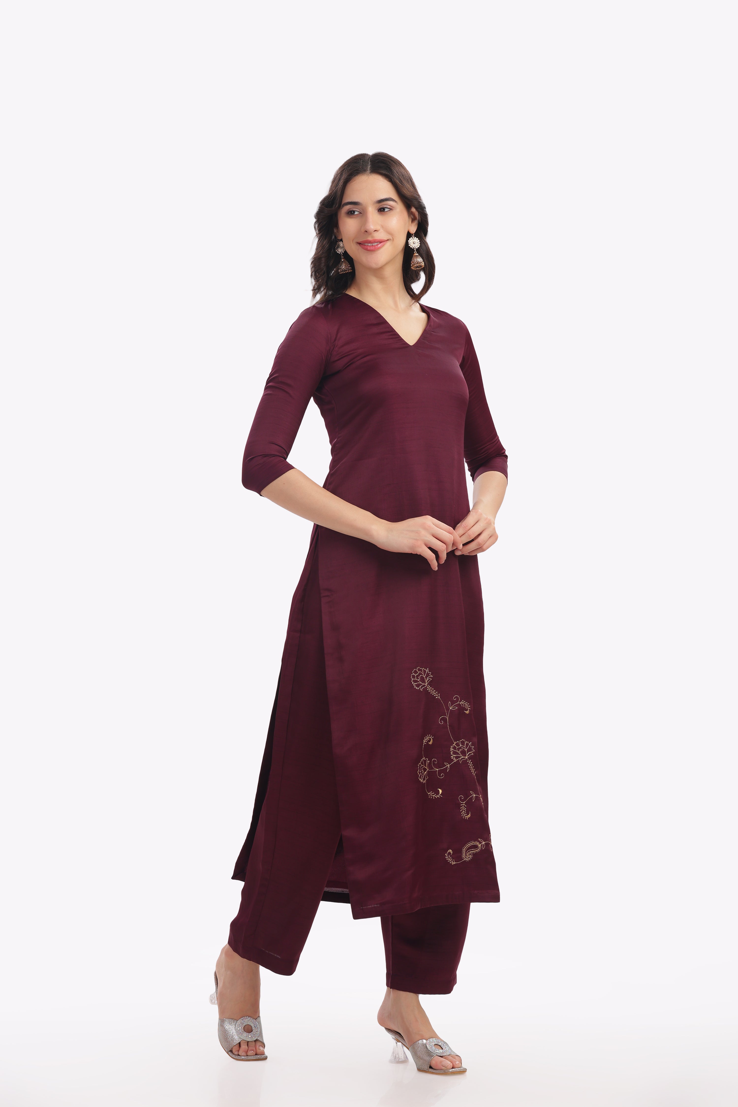 Wine Kurta with Floral Embroidery