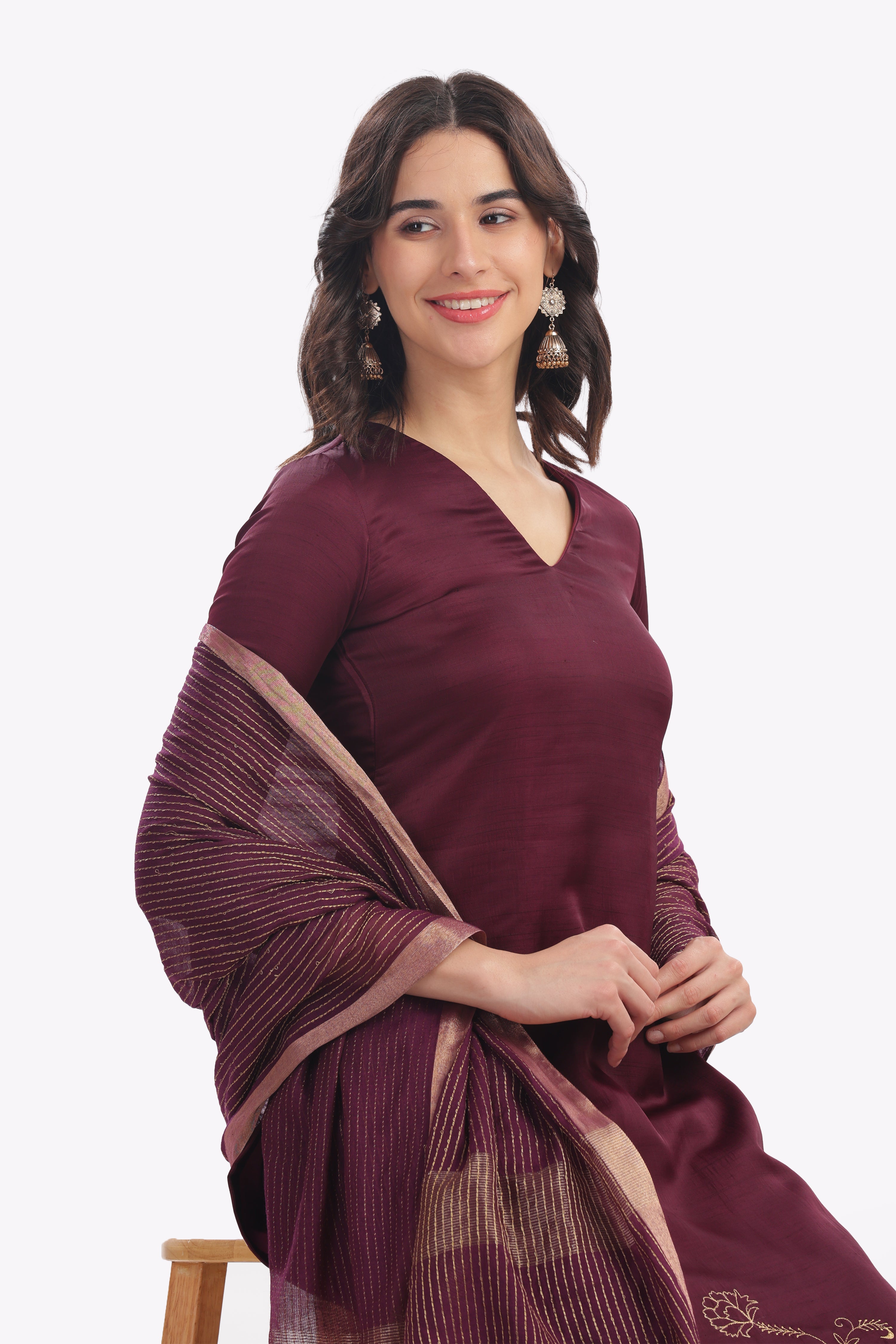 Wine Kurta with Floral Embroidery