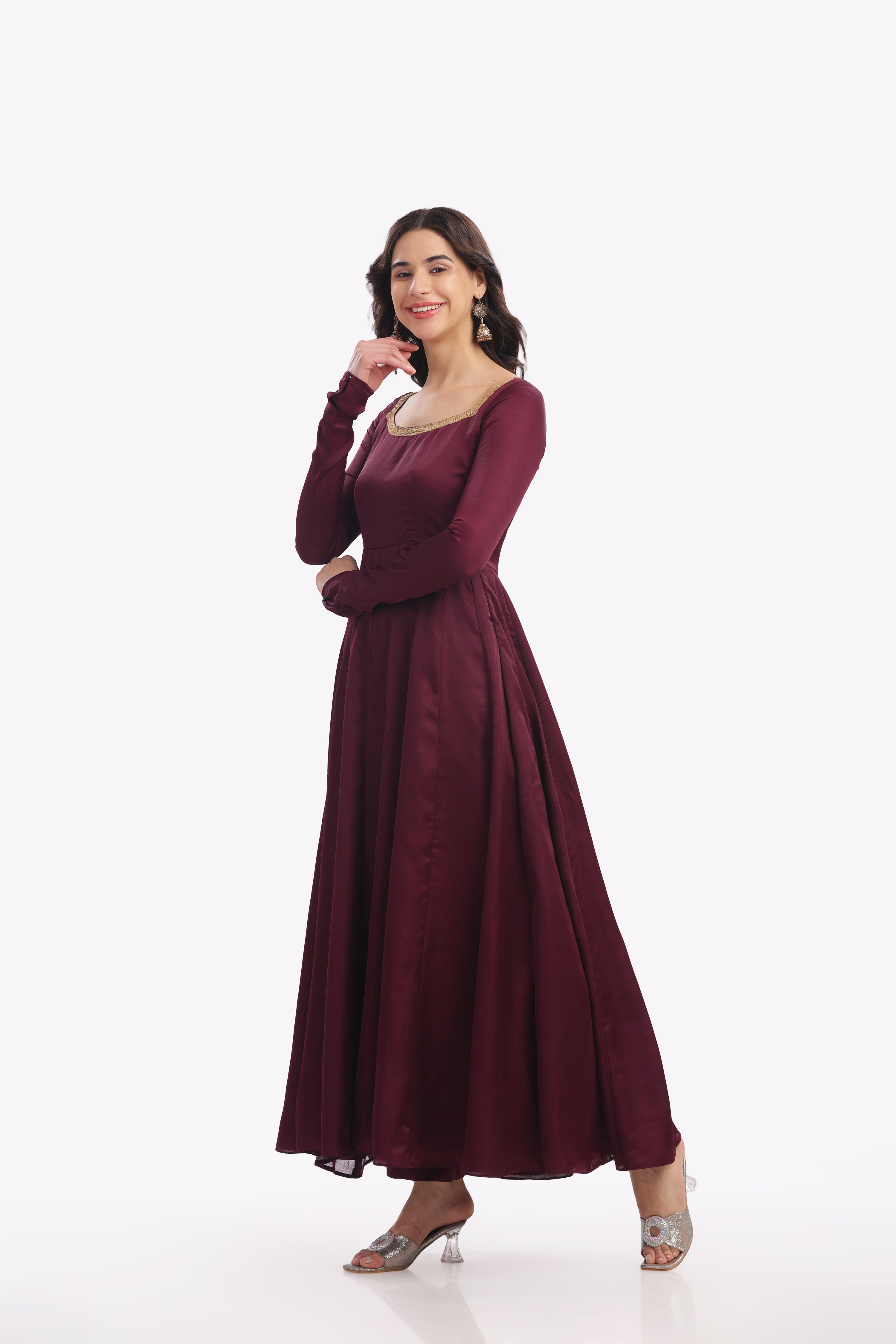 Wine Anarkali with Churi Sleeves
