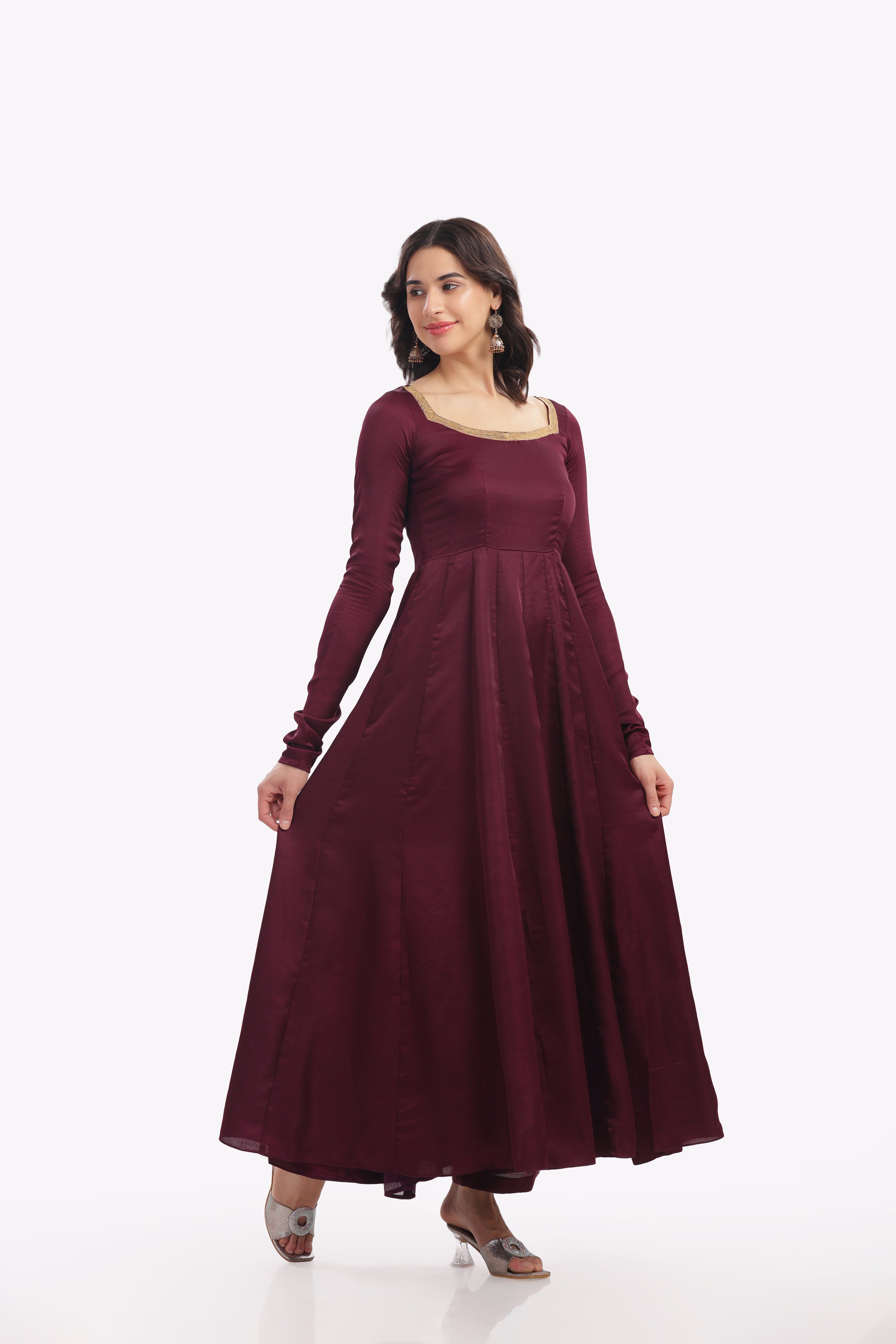 Wine Anarkali with Churi Sleeves