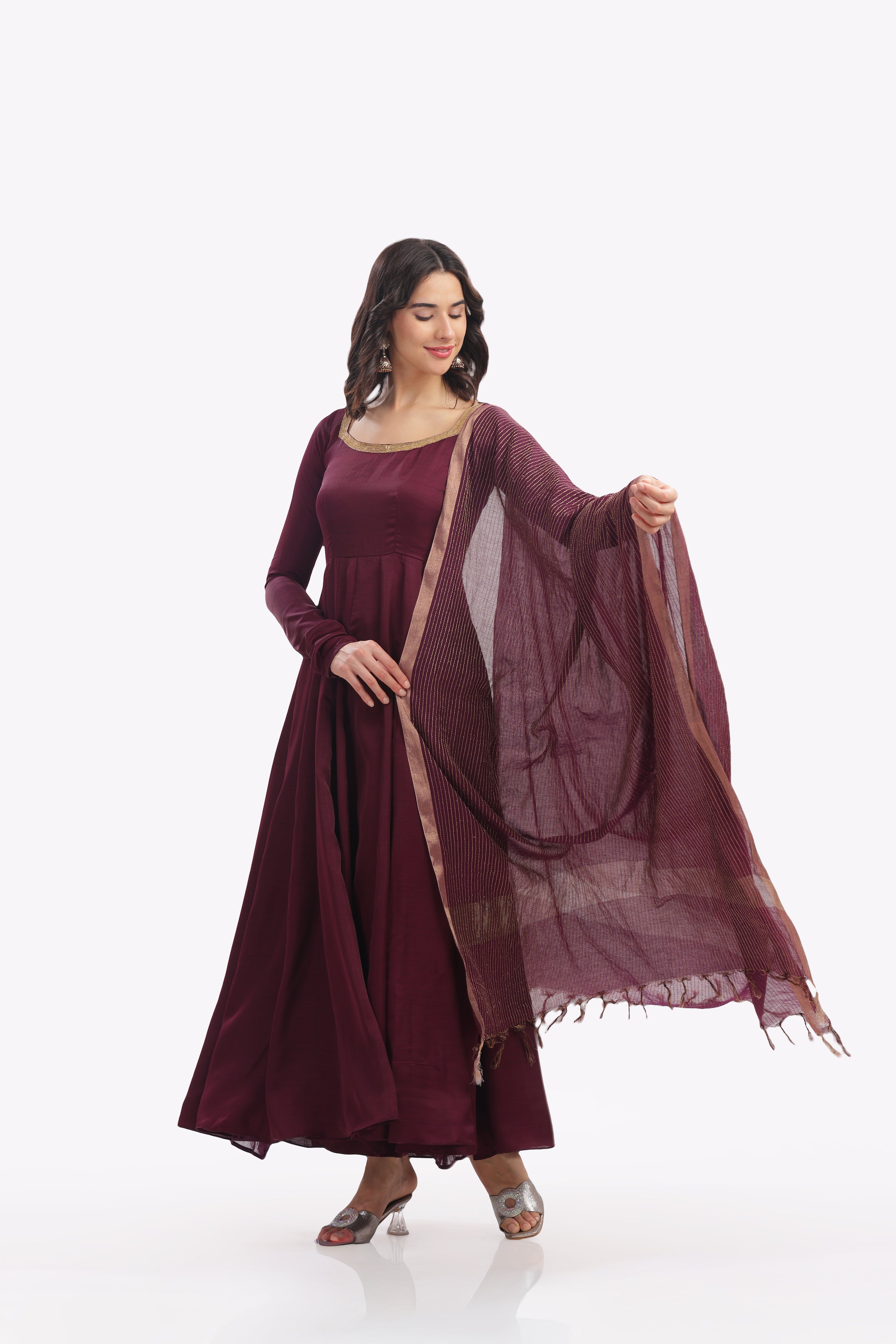 Wine Anarkali with Churi Sleeves