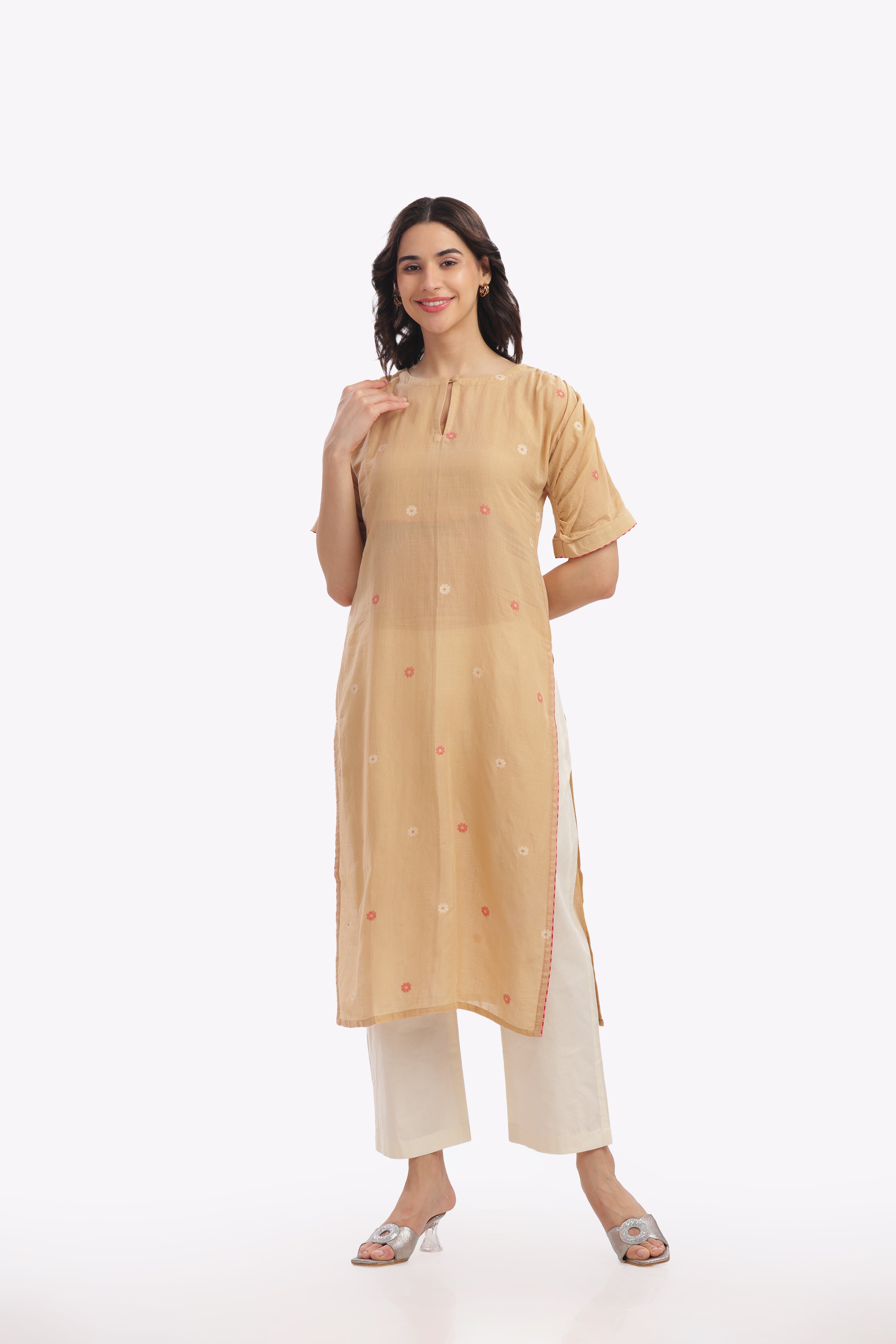 Beige Kurta with Gathered Sleeve