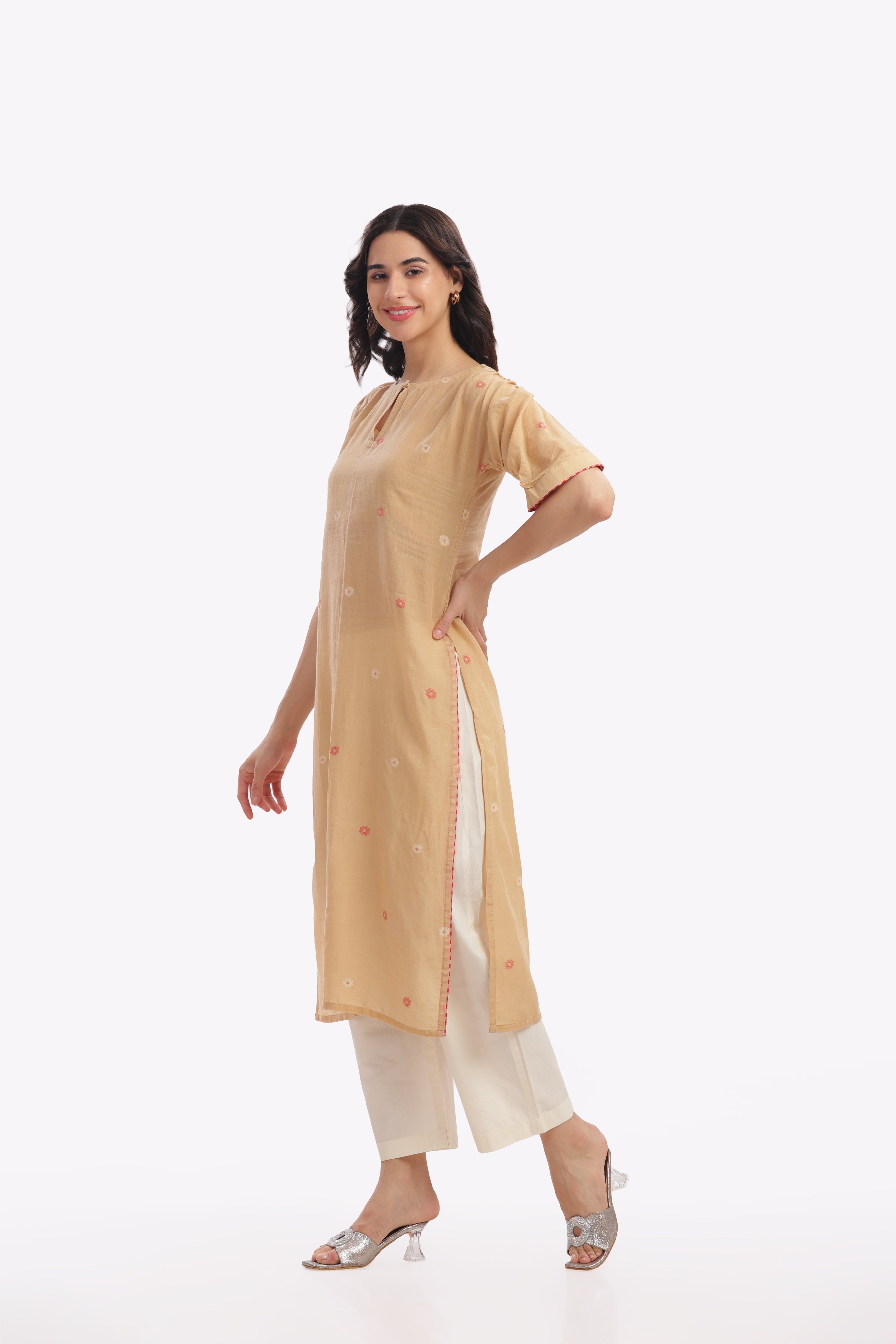 Beige Kurta with Gathered Sleeve