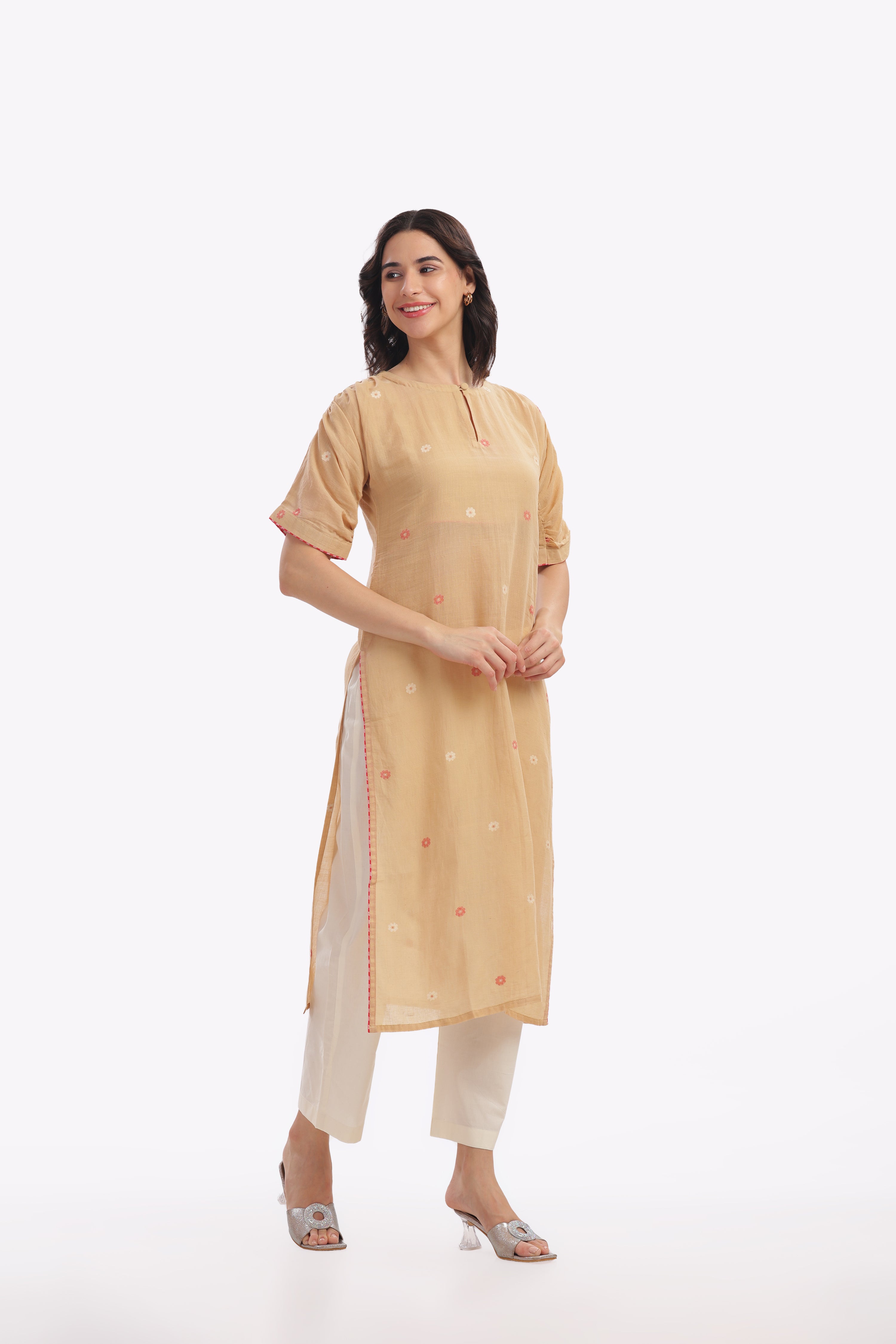 Beige Kurta with Gathered Sleeve