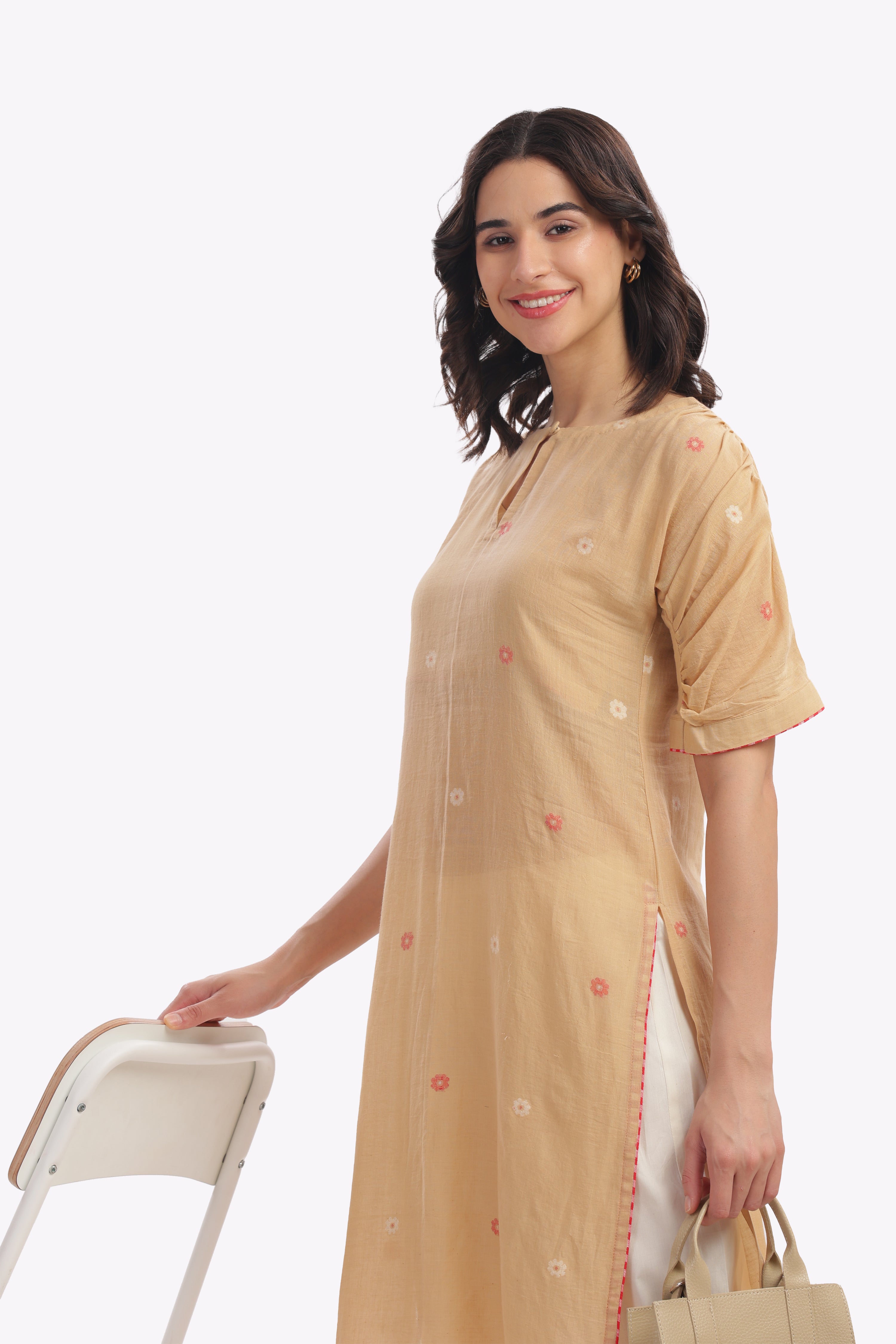 Beige Kurta with Gathered Sleeve