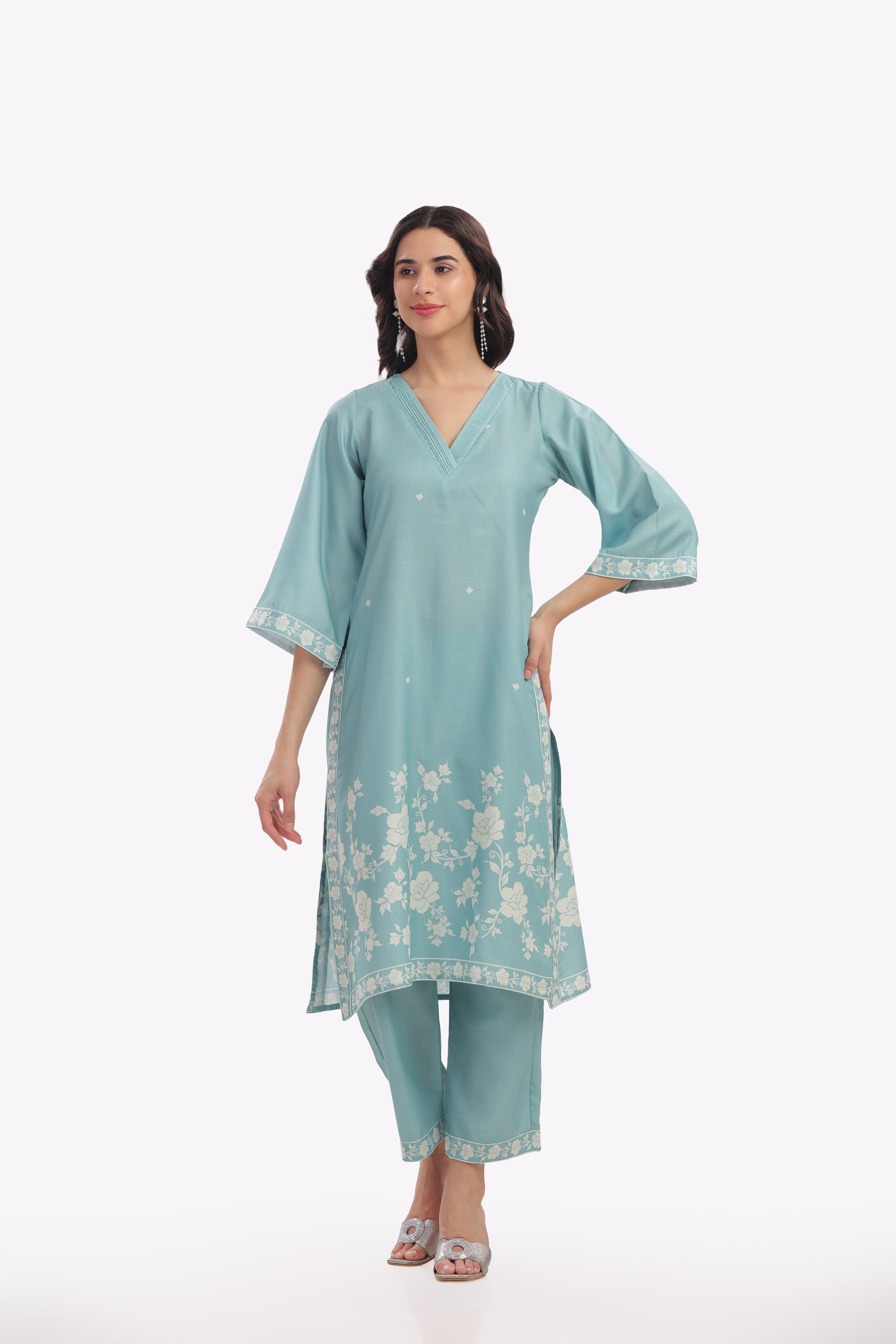 Light Teal Floral Printed Kurta
