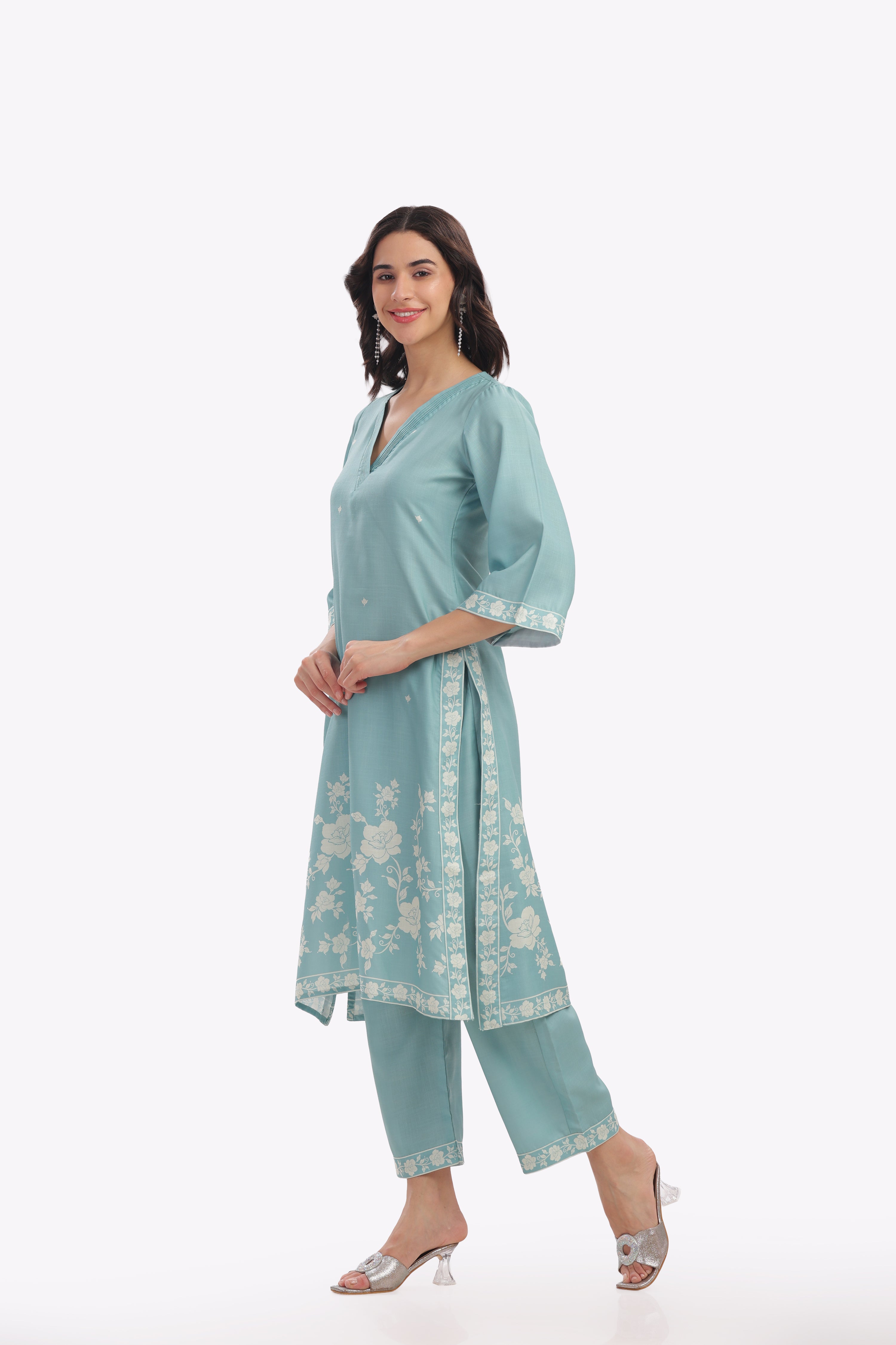 Light Teal Floral Printed Kurta