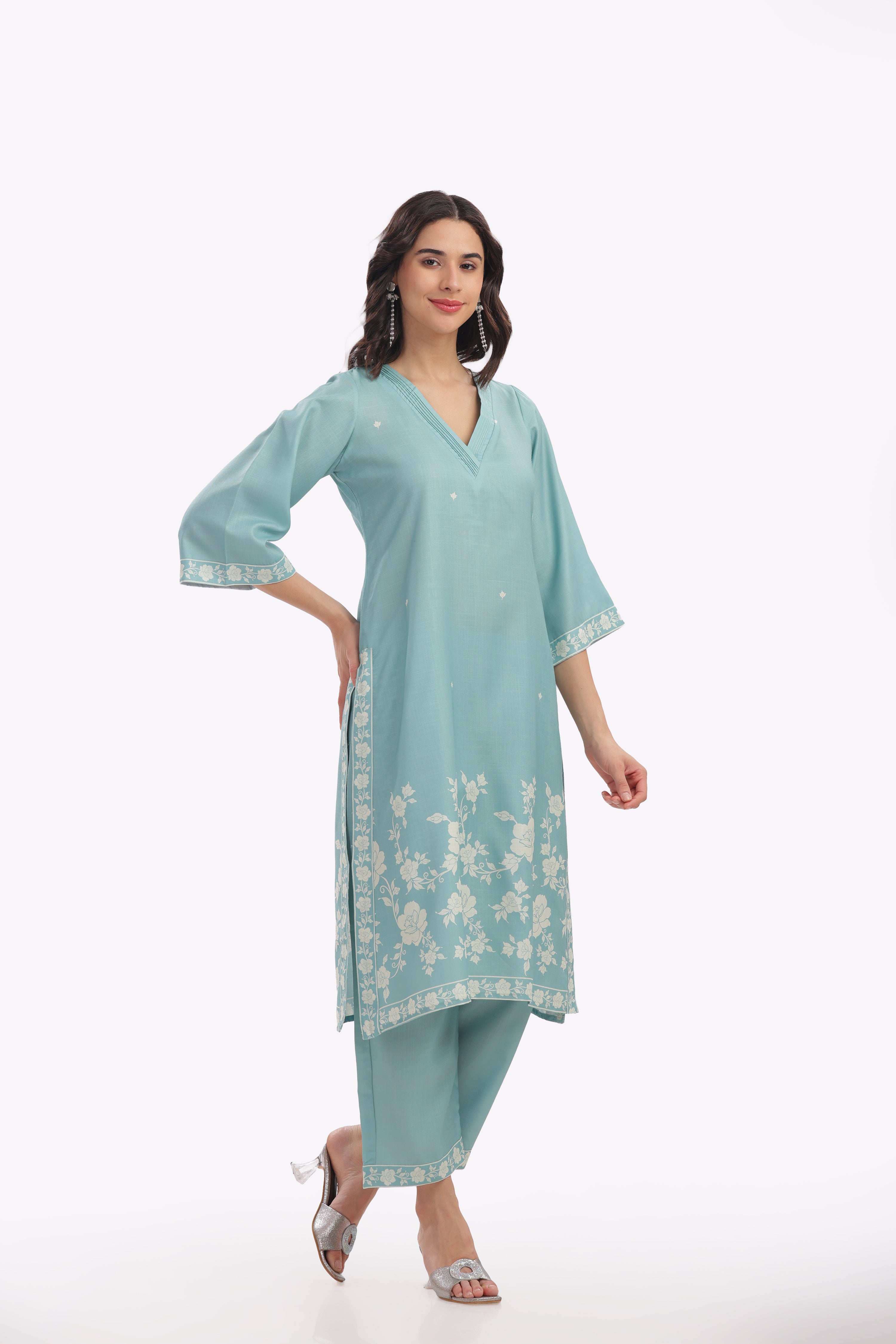 Light Teal Floral Printed Kurta