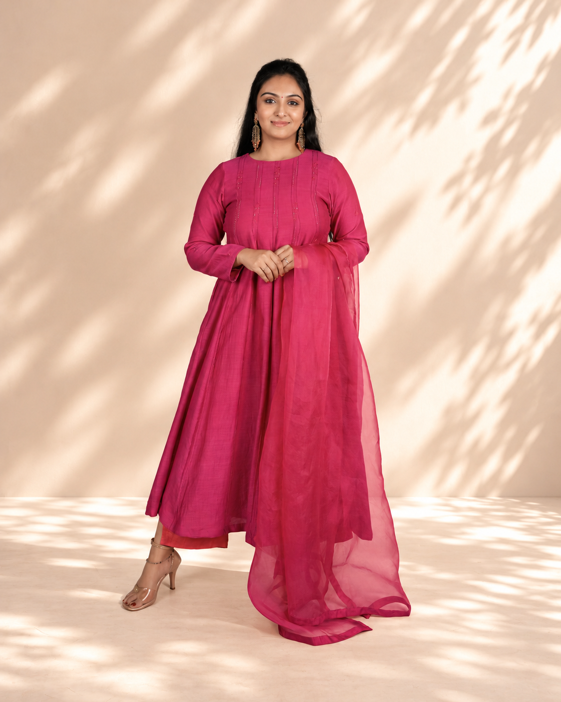Hot Pink Pintucks Silk Anarkali