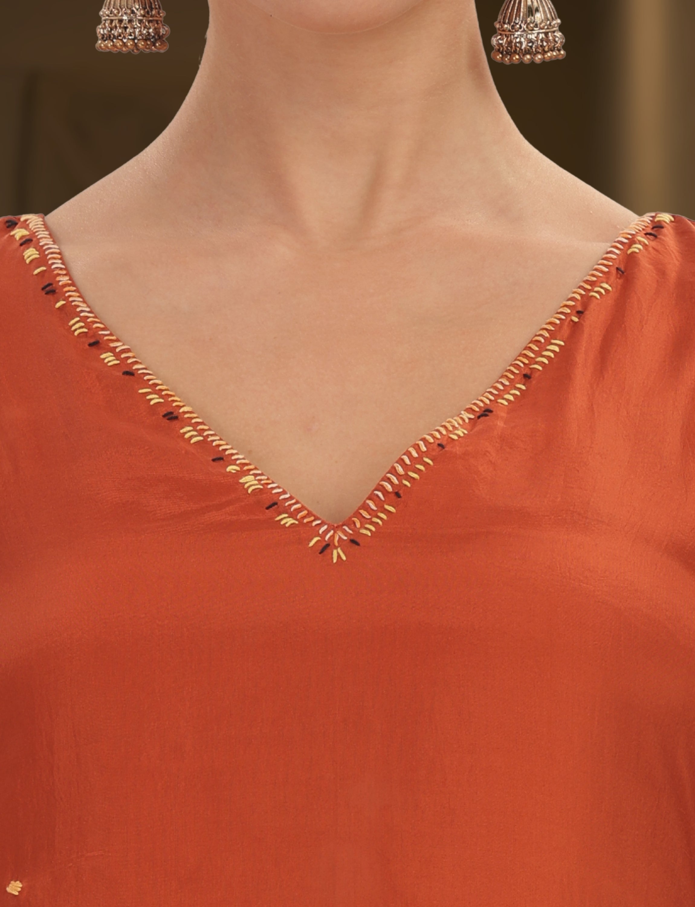 Orange Silk Embroidered Short Kurta