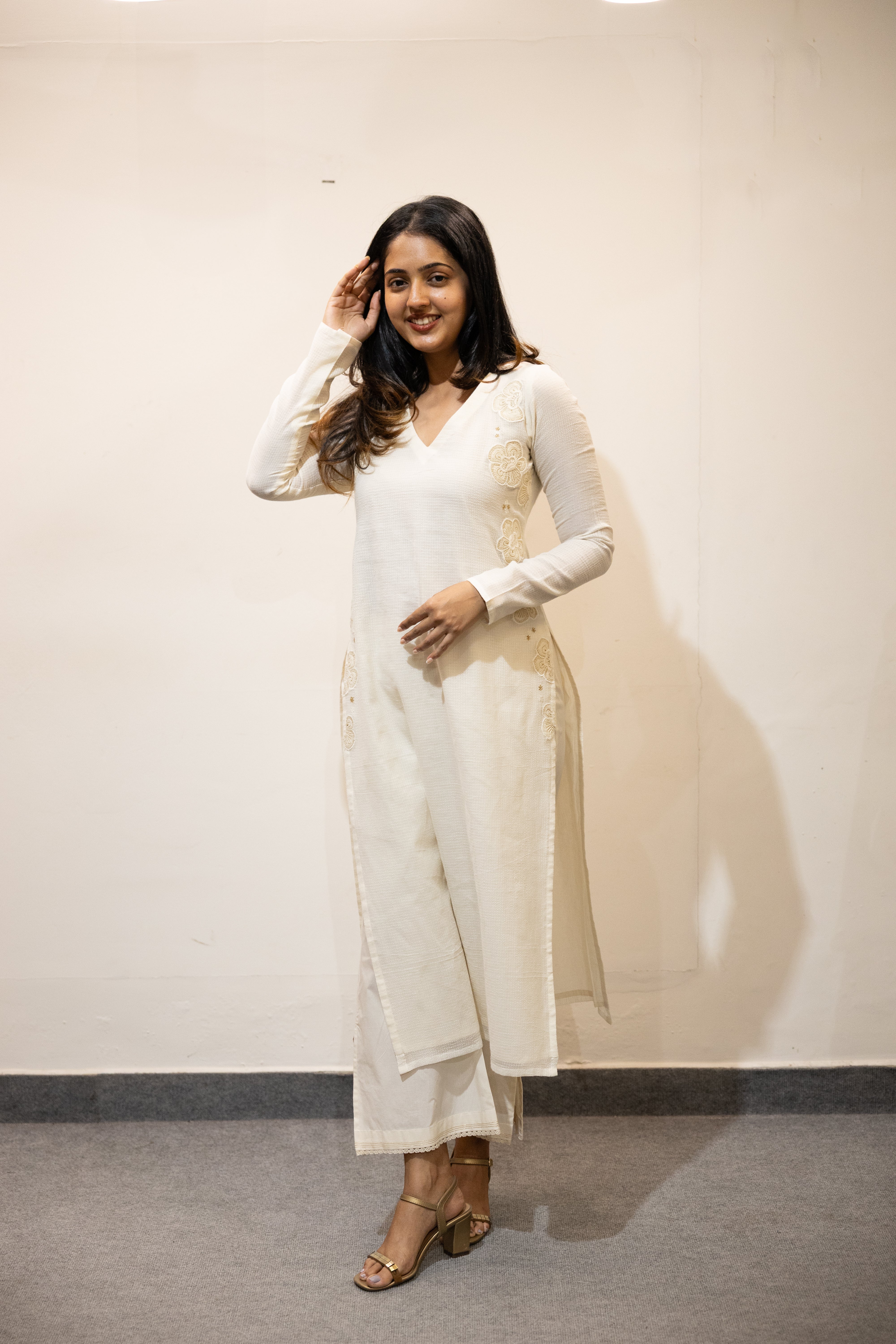 Off White Kota Kurta with Floral Patchwork