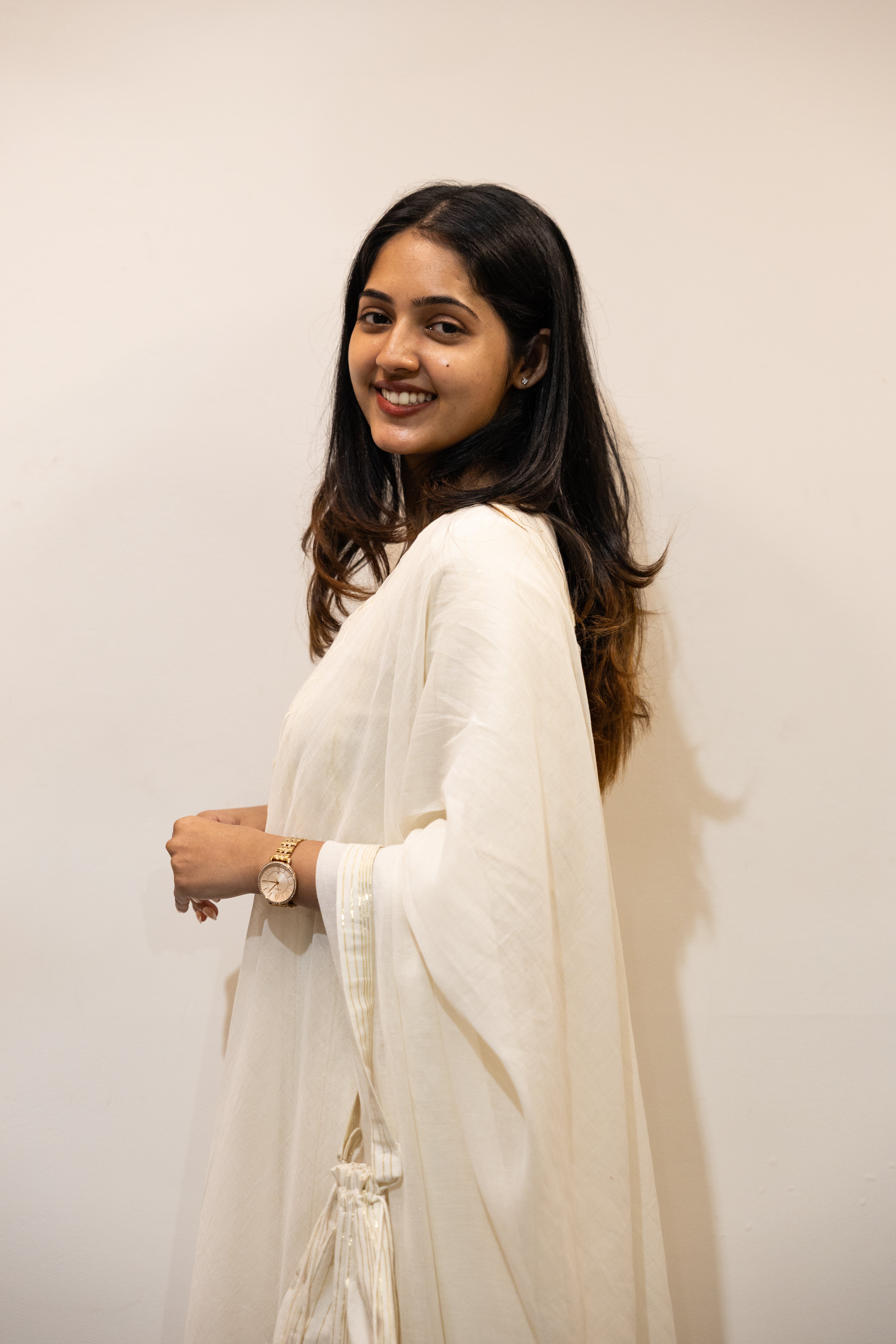 Off White Kurta with Gold Zari Butta and Stitch Lines