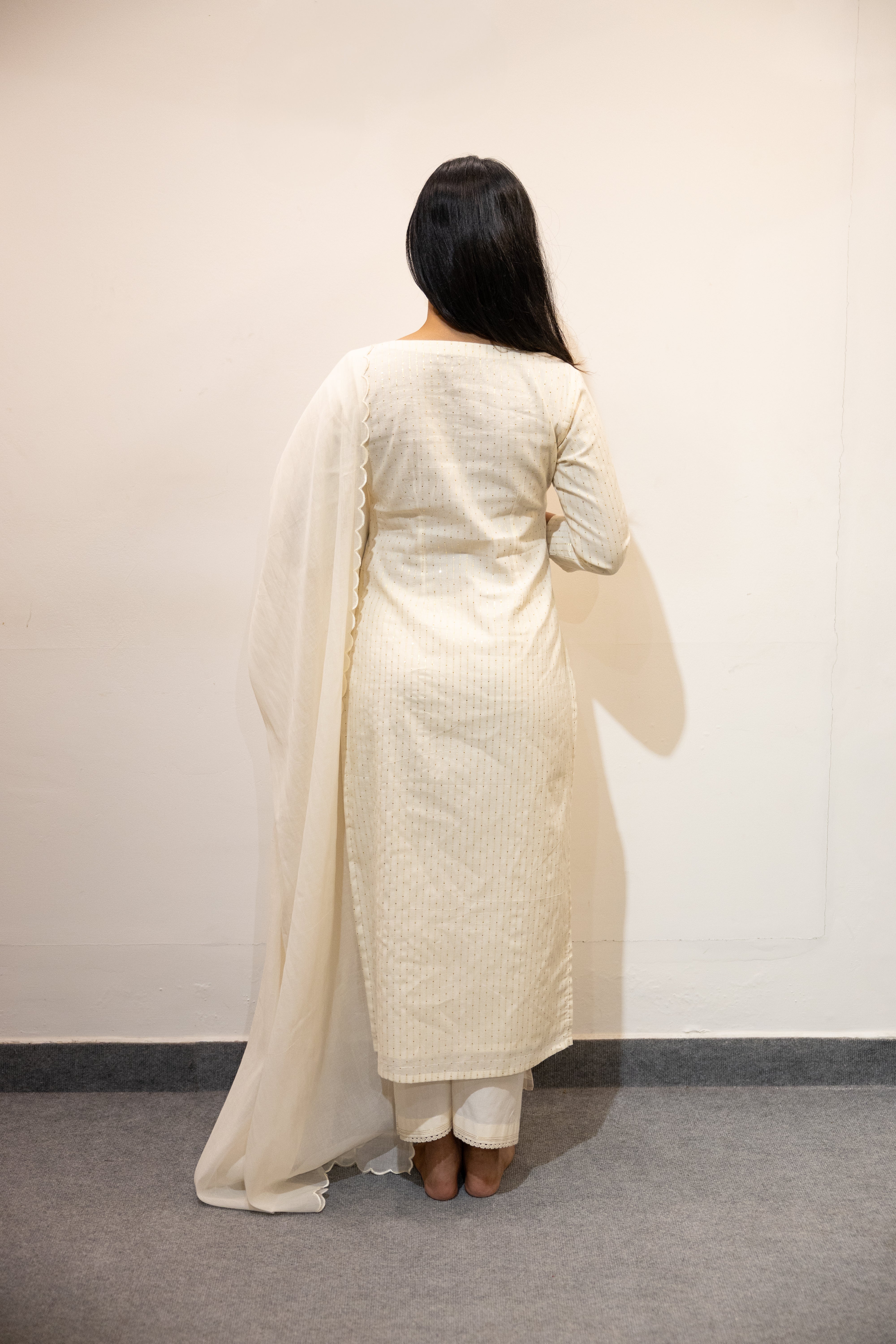 Off White Kurta with Gold Zari Butta and Stitch Lines