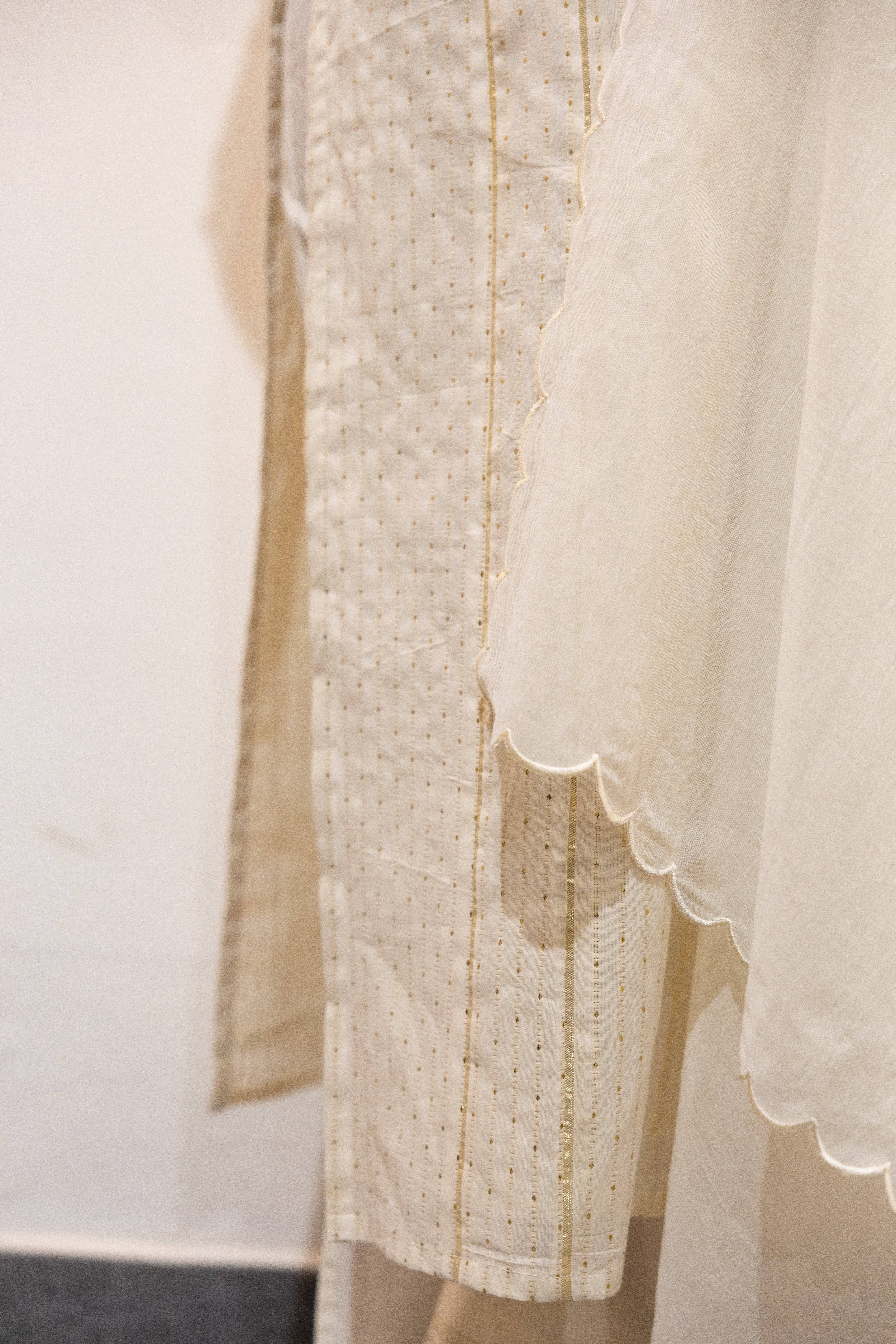 Off White Kurta with Gold Zari Butta and Stitch Lines