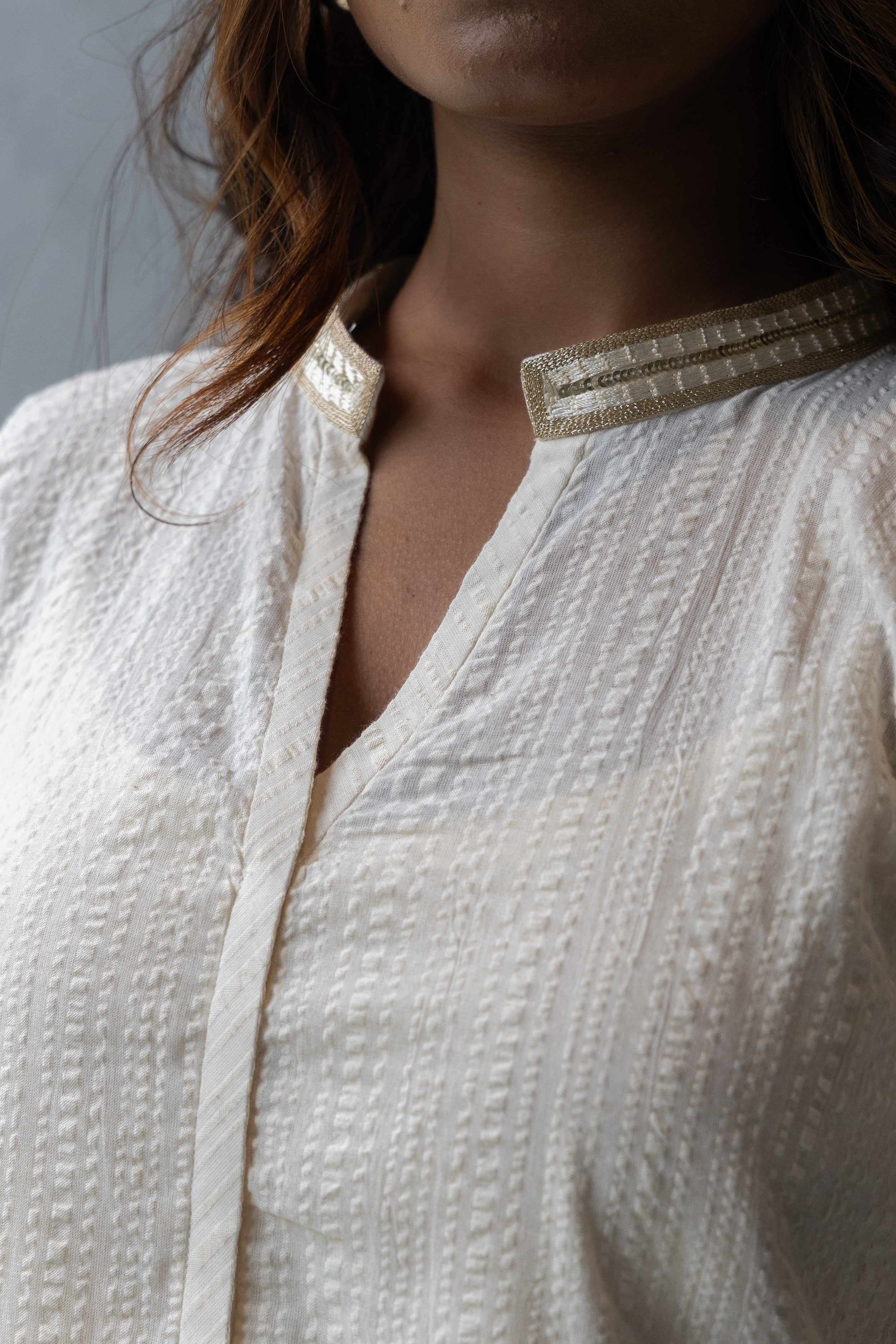 Off White Collared Seersucker Kurta