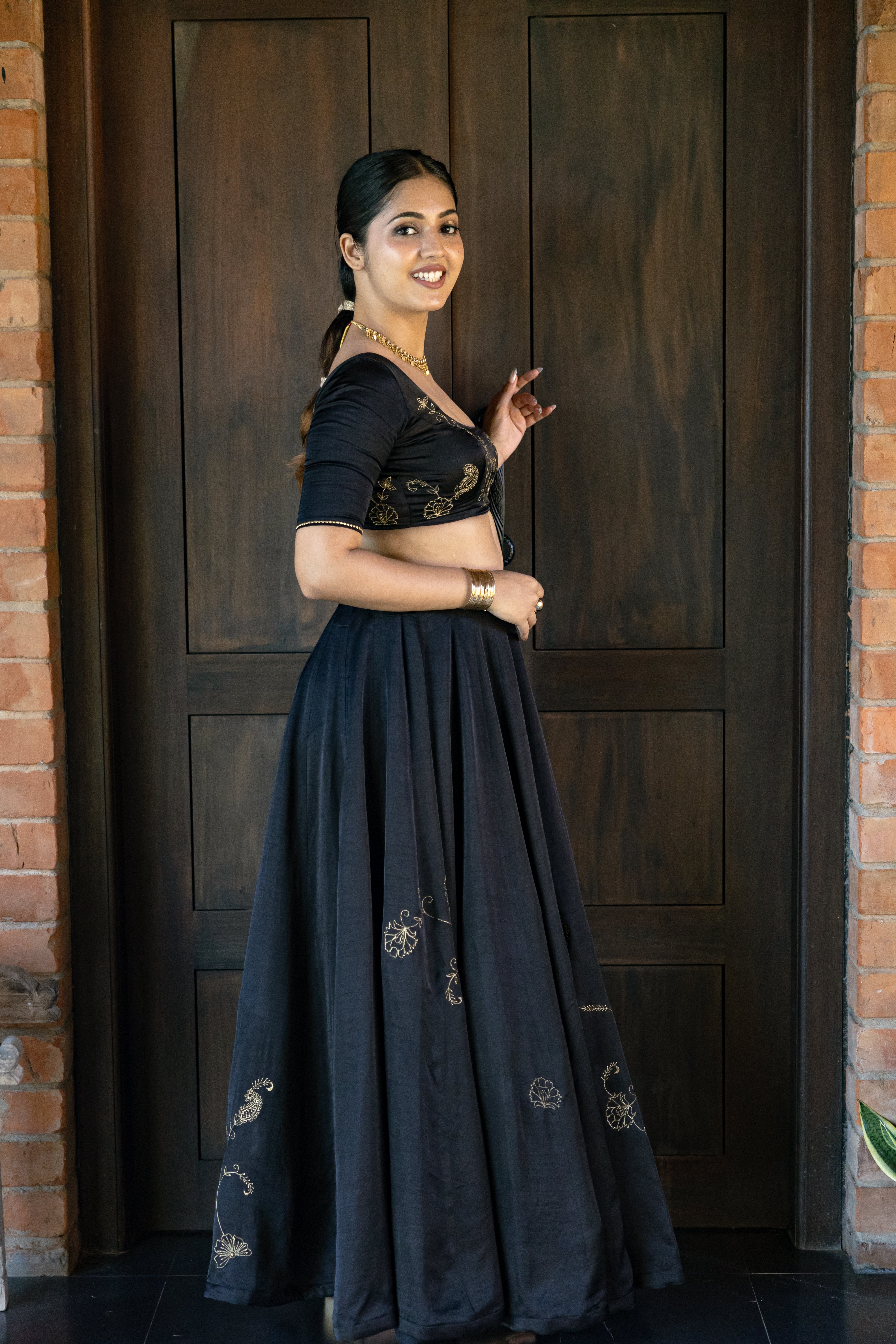 Black and Gold Embroidered Lehenga Set