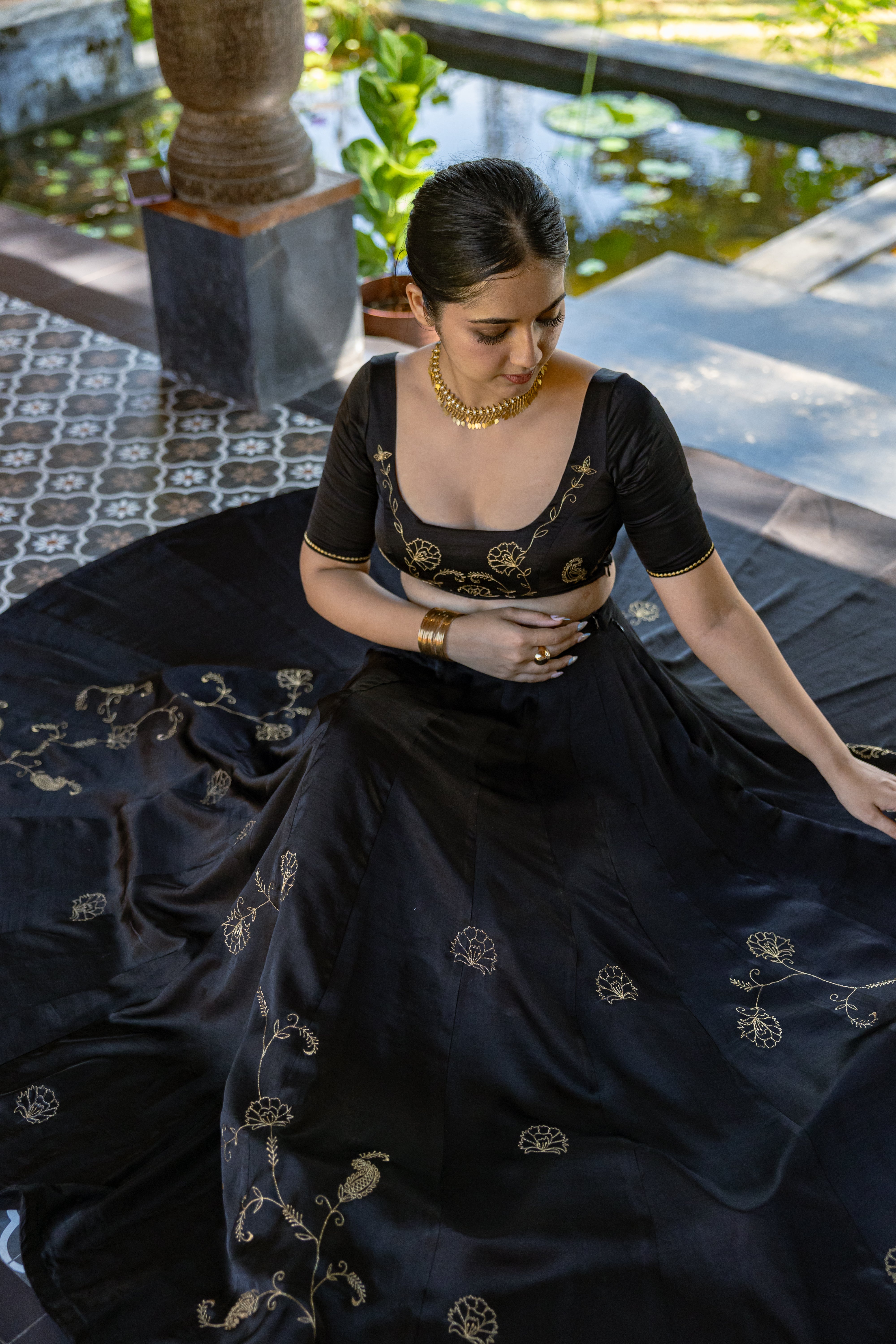 Black and Gold Embroidered Lehenga Set