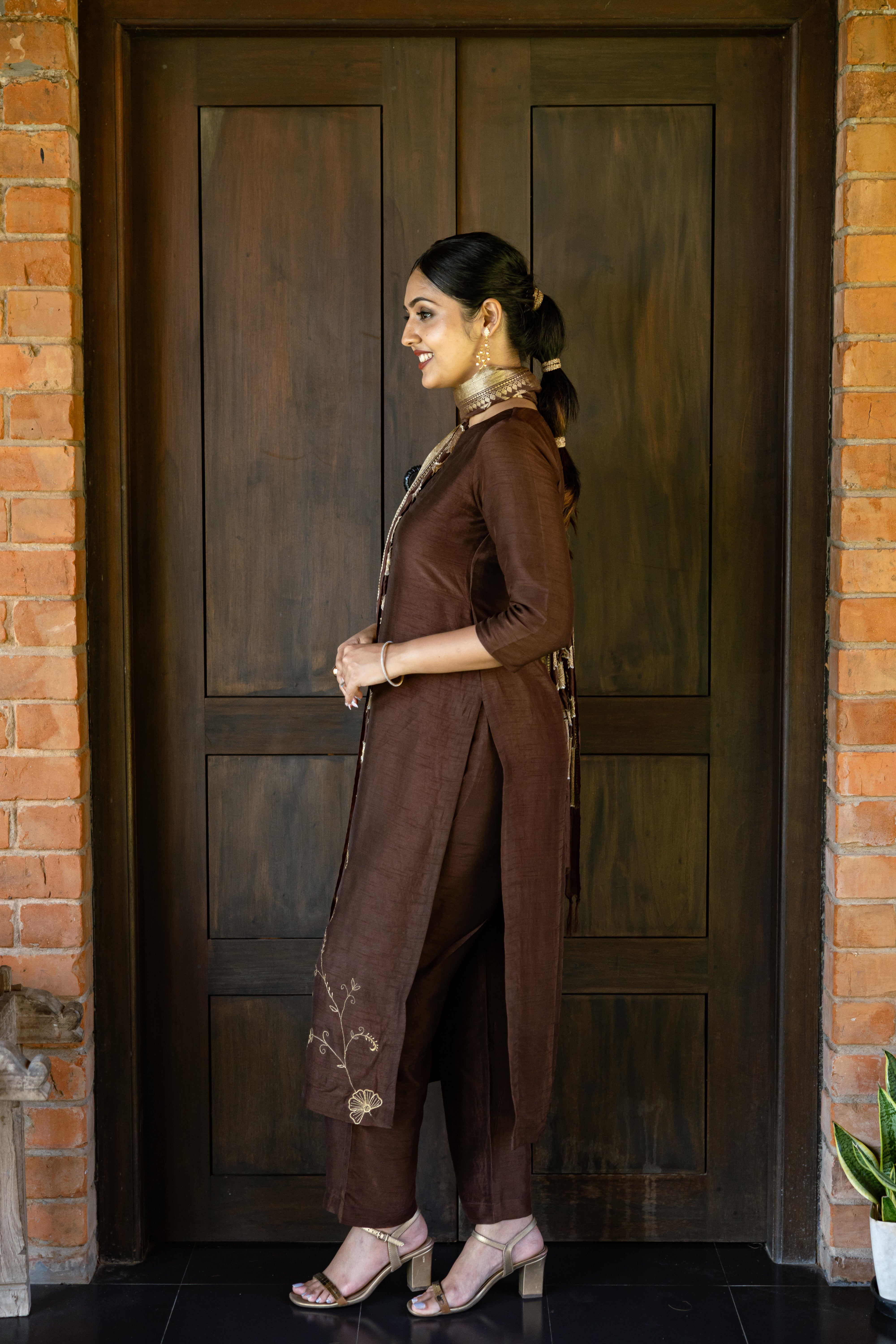 Coffee Brown Embroidered Silk Kurta