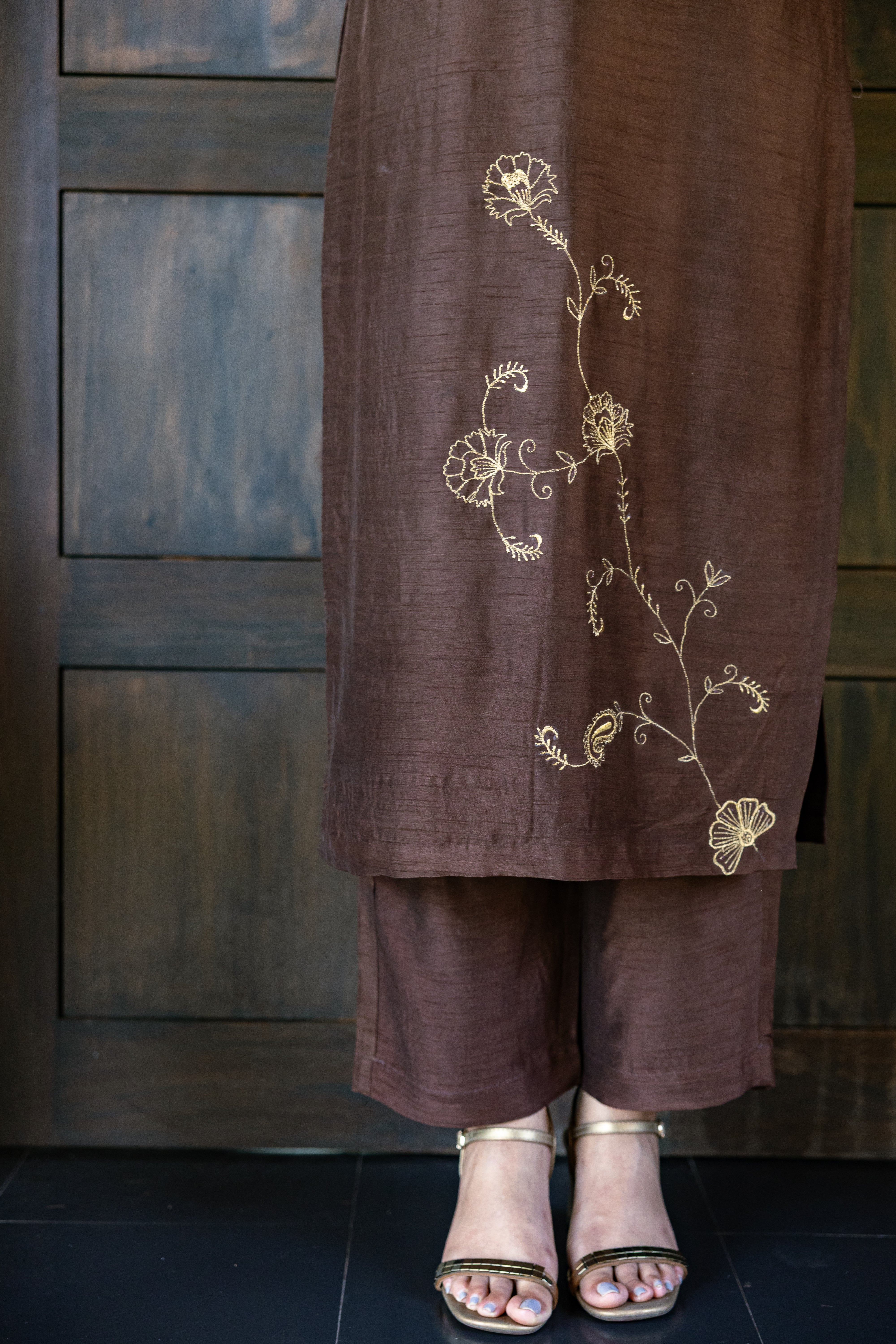 Coffee Brown Embroidered Silk Kurta
