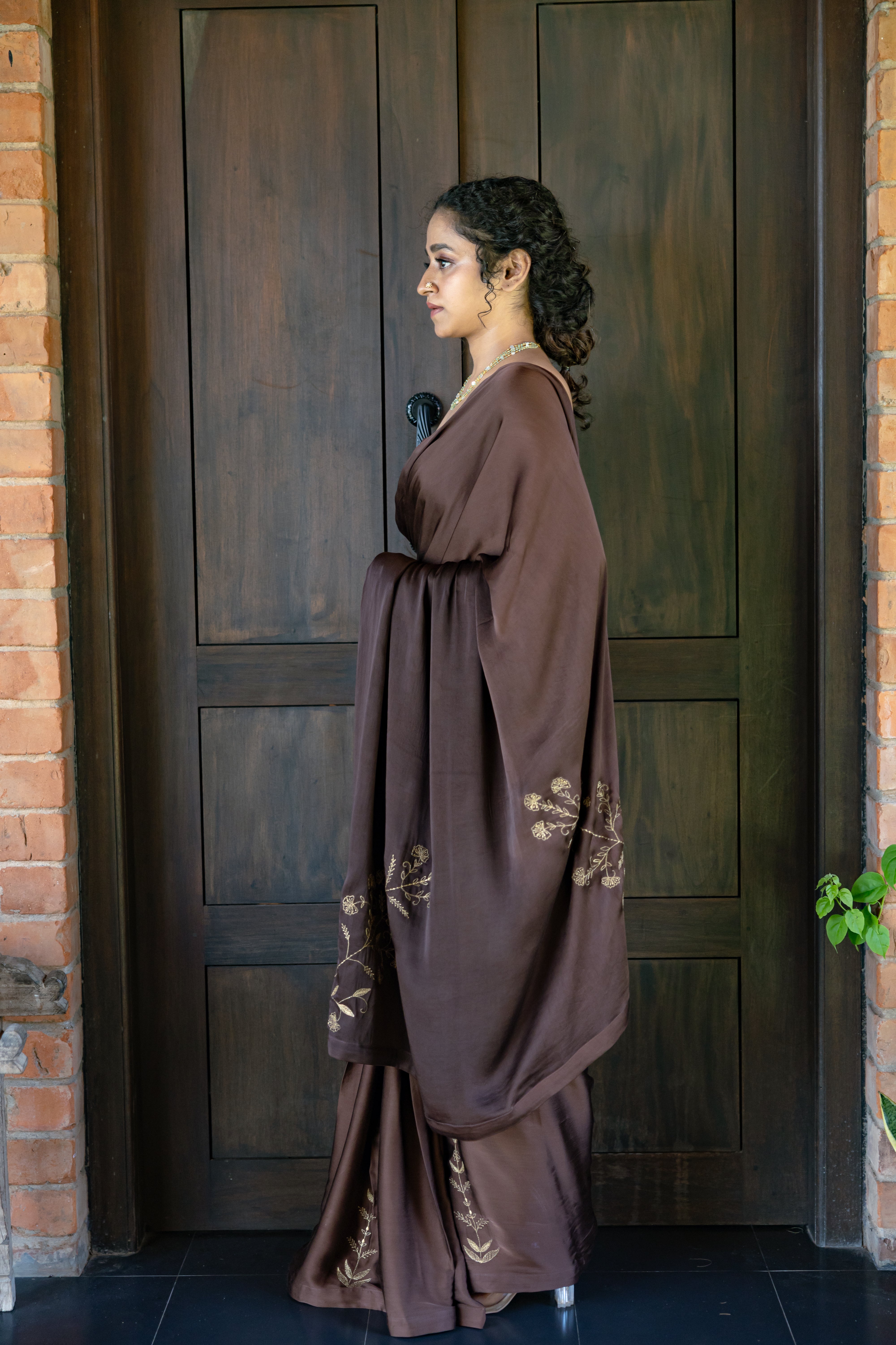 Brown Embroidered Saree