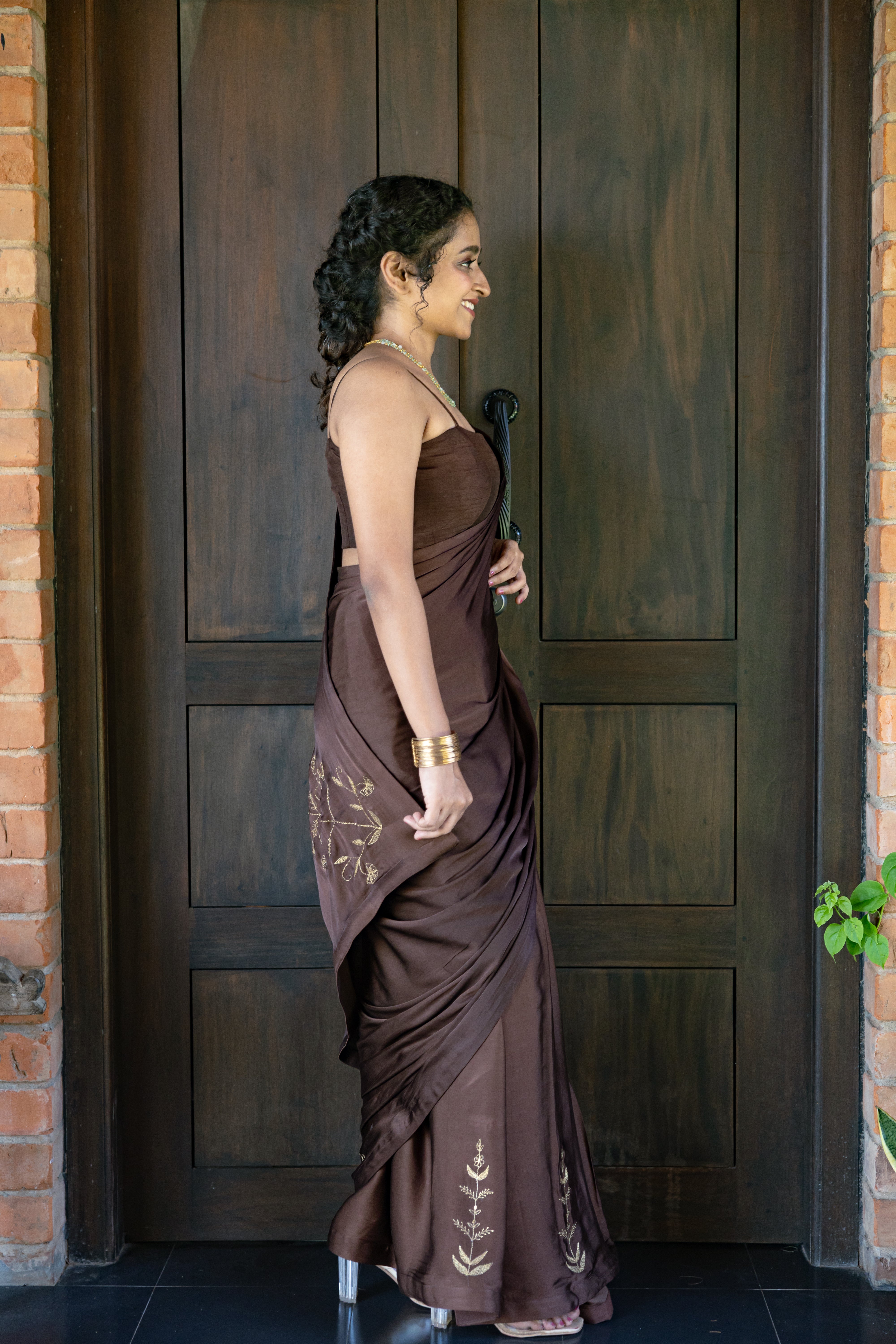 Brown Embroidered Saree