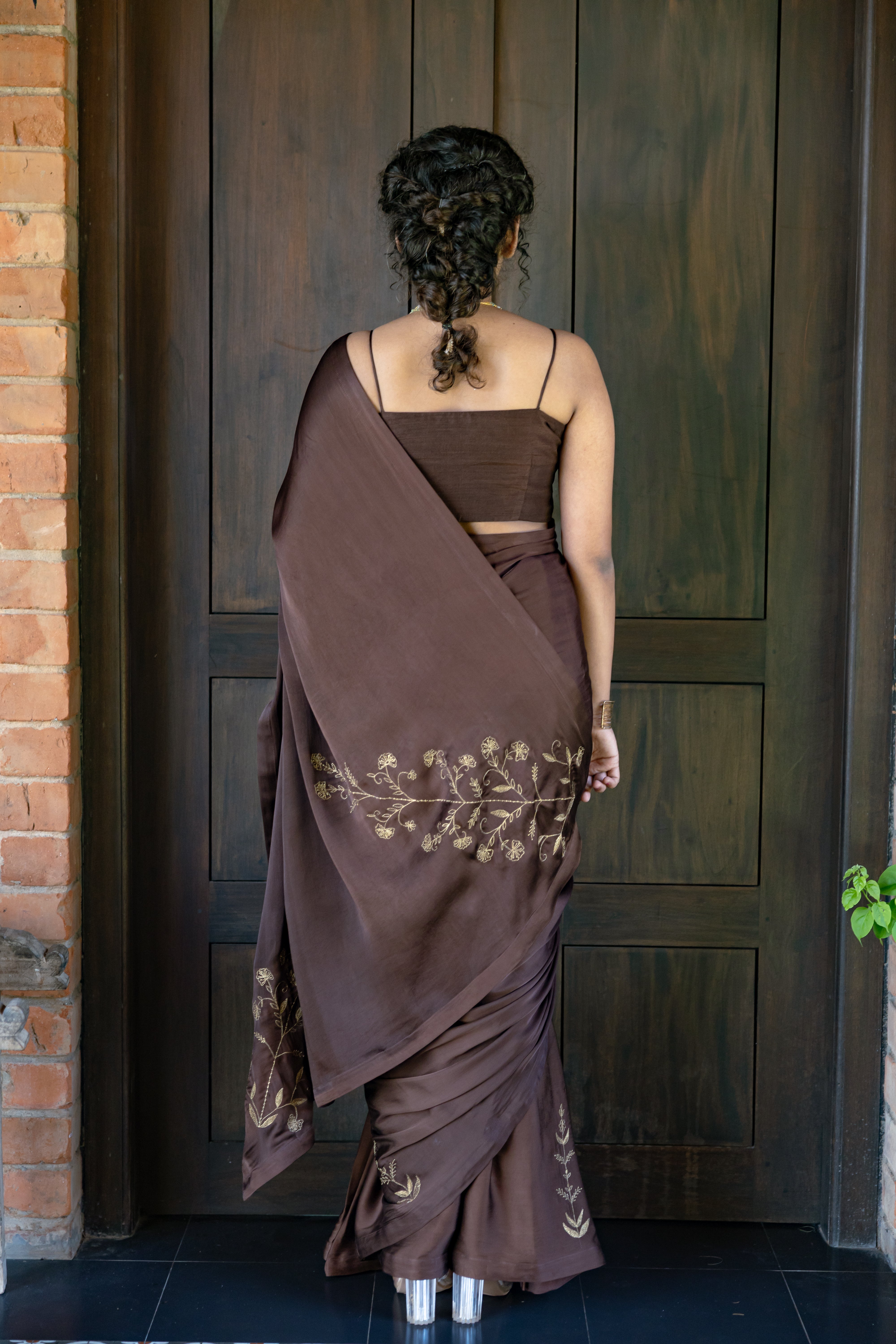 Brown Embroidered Saree